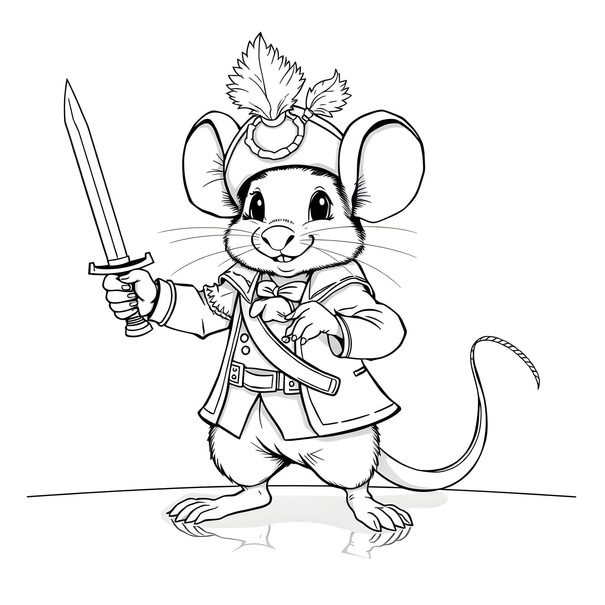 Mouse pirate with sword on adventure Coloring Page (free black-and-white line drawing printable PDF for all, from beginners to advanced learners, including children, teens, adults, and seniors)