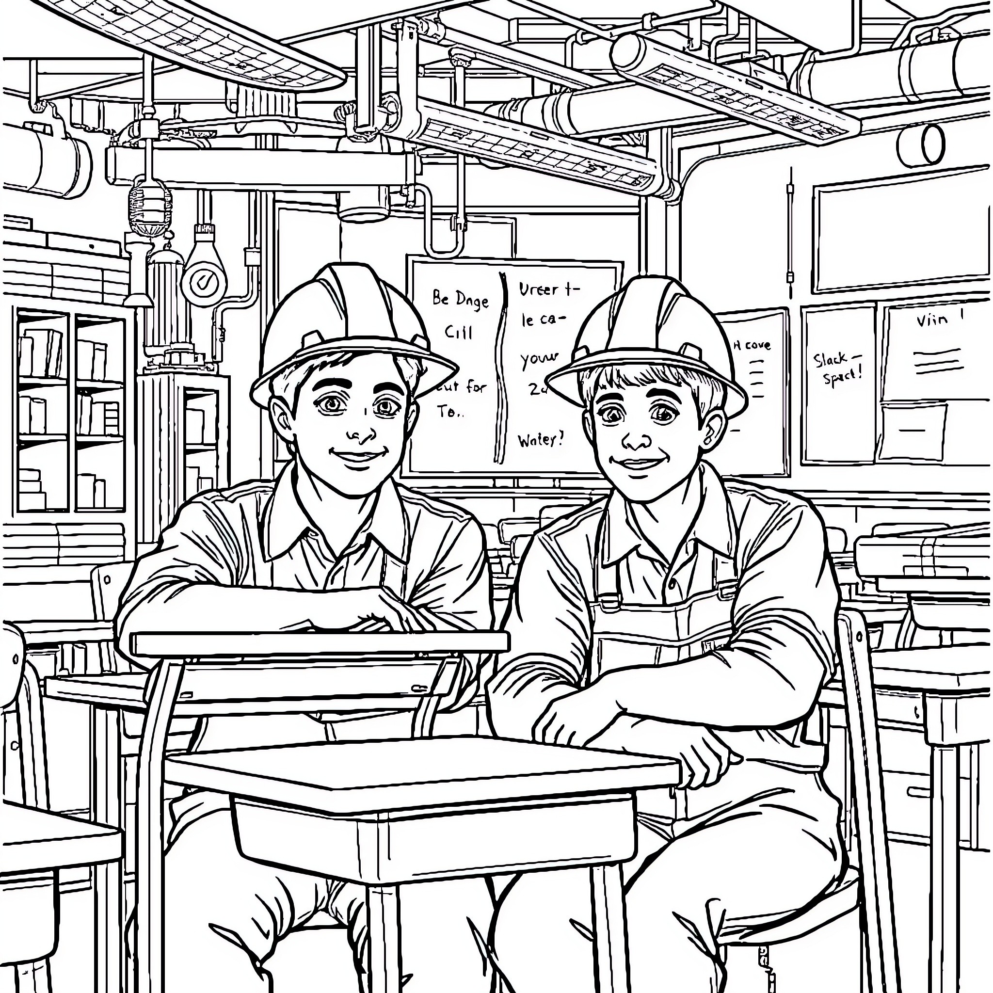 Apprentice Craftsmen Studying Technical Diagrams Coloring Page (free black-and-white line drawing printable PDF for all, from beginners to advanced learners, including children, teens, adults, and seniors)