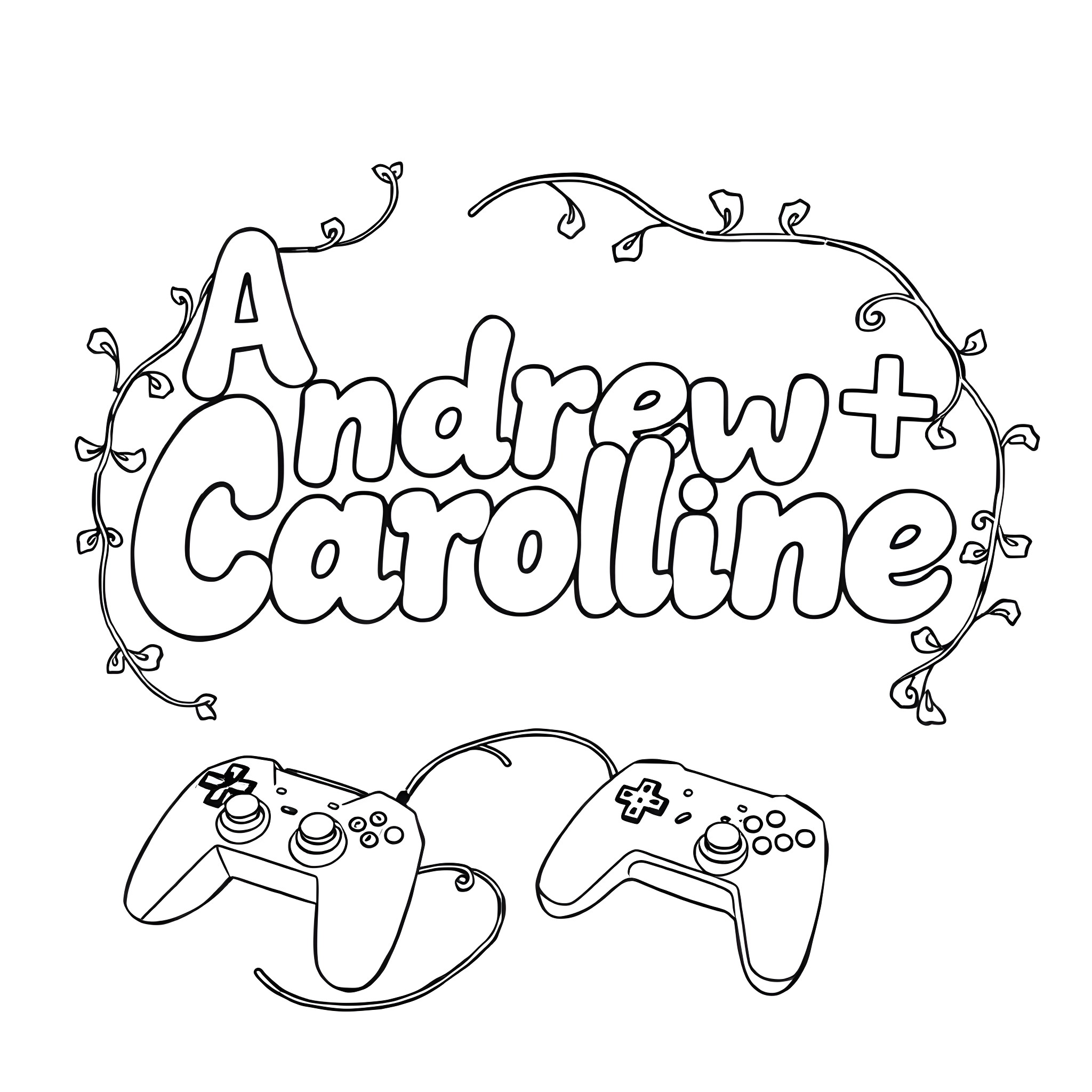 Bubble Letter Video Game Controllers Coloring Page (free black-and-white line drawing printable PDF for all, from beginners to advanced learners, including children, teens, adults, and seniors)