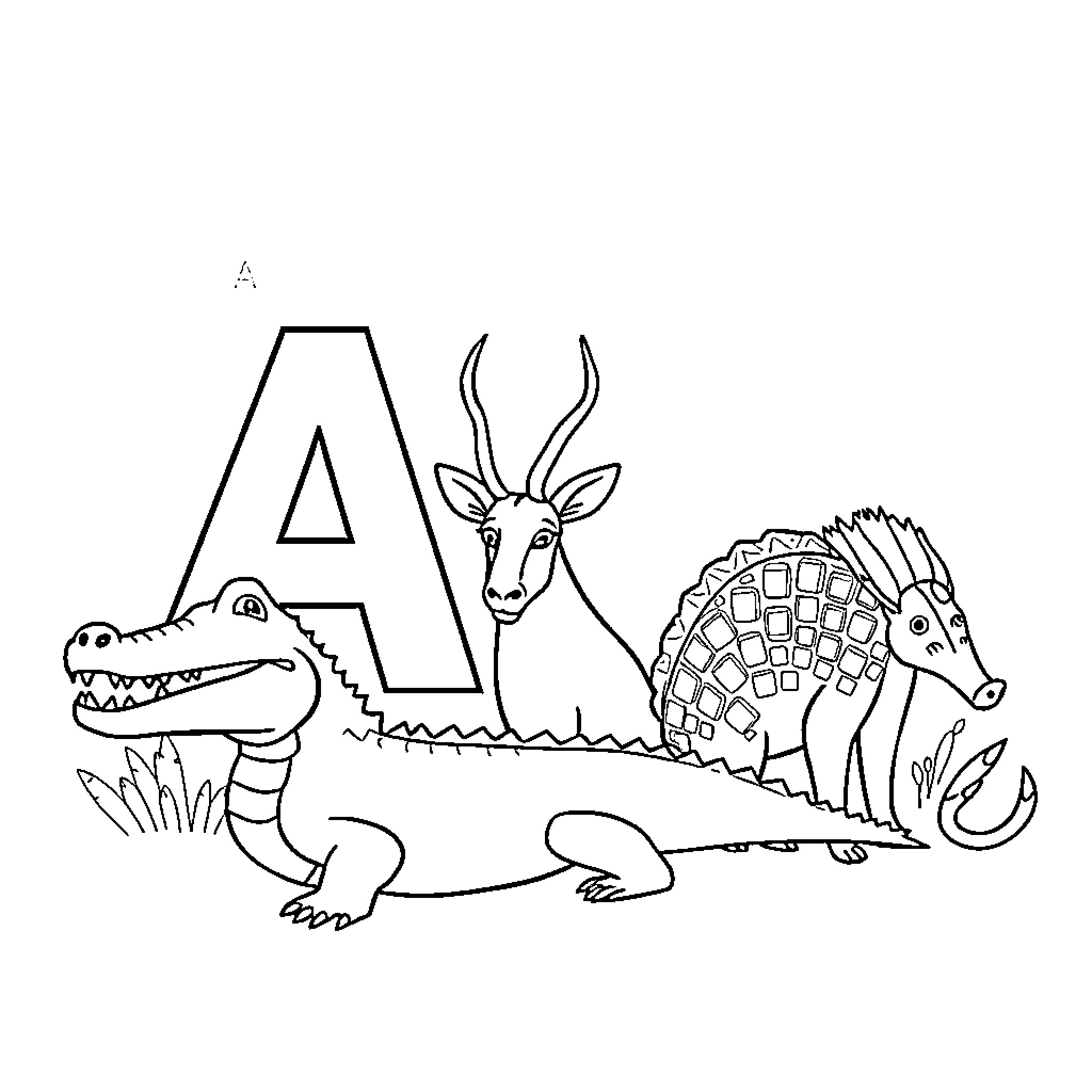 Animal alphabet with diverse wildlife Coloring Page (free black-and-white line drawing printable PDF for all, from beginners to advanced learners, including children, teens, adults, and seniors)