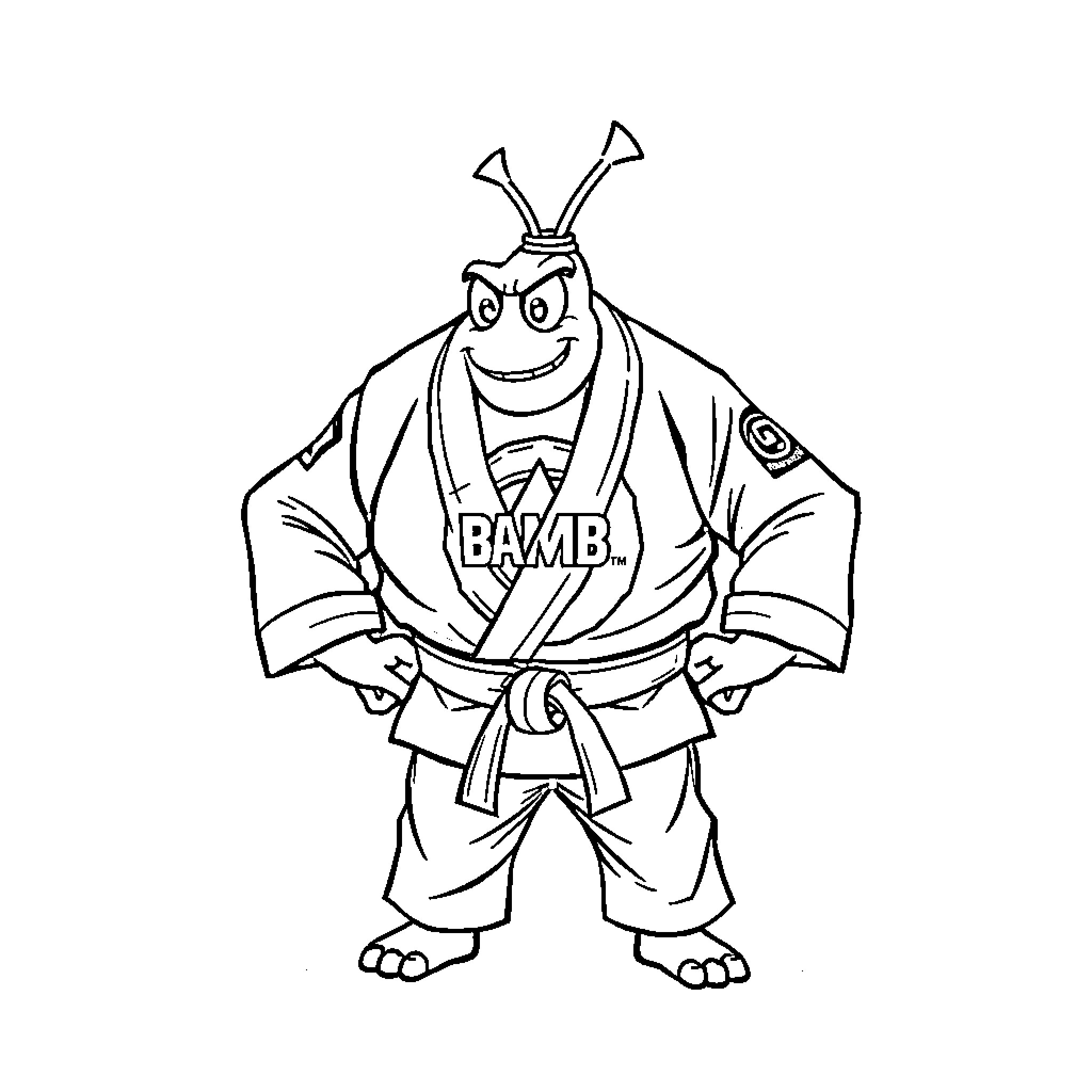 Bomb Martial Arts Cartoon Character in Uniform Coloring Page (free black-and-white line drawing printable PDF for all, from beginners to advanced learners, including children, teens, adults, and seniors)