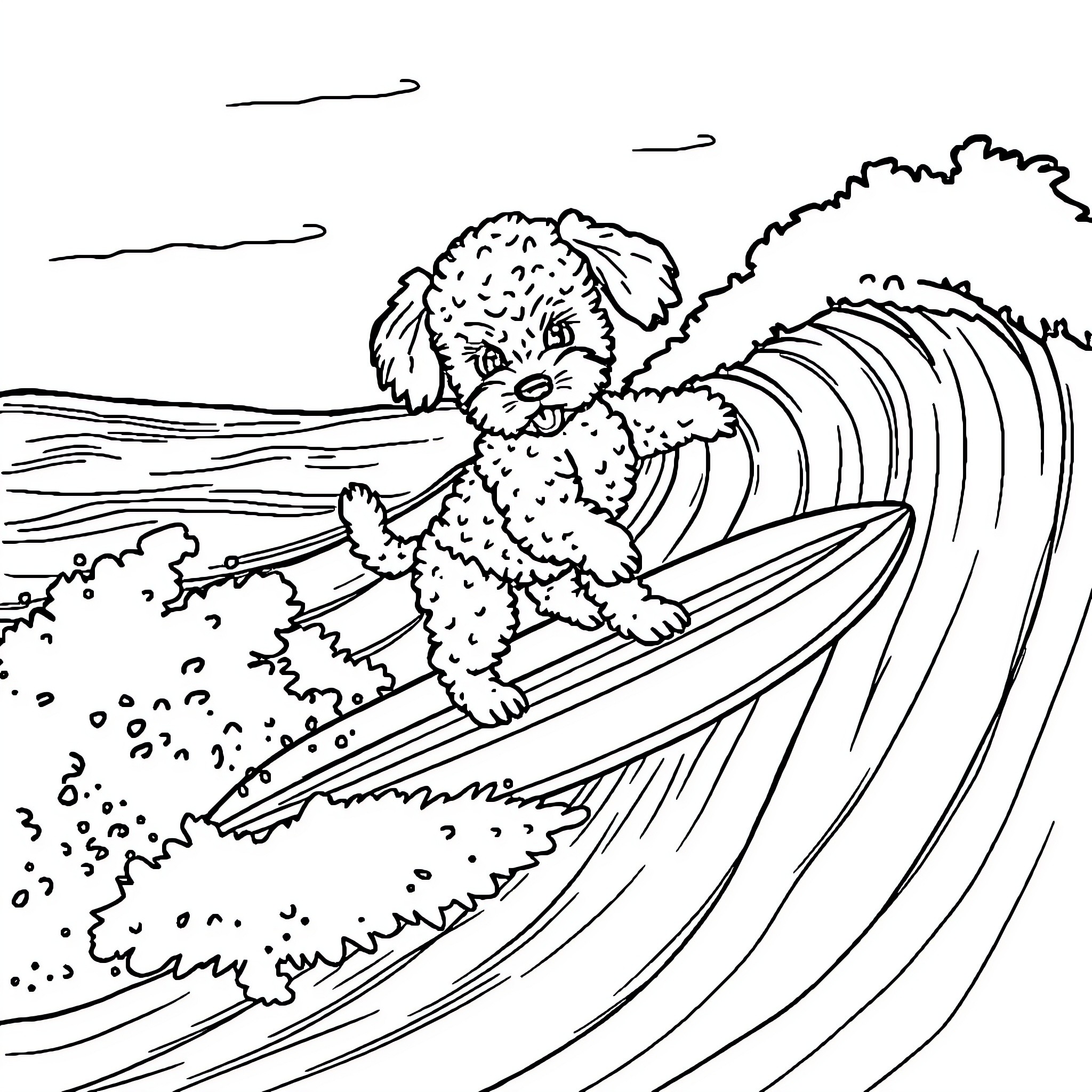 Poodle surfing the waves on the beach Coloring Page (free black-and-white line drawing printable PDF for all, from beginners to advanced learners, including children, teens, adults, and seniors)