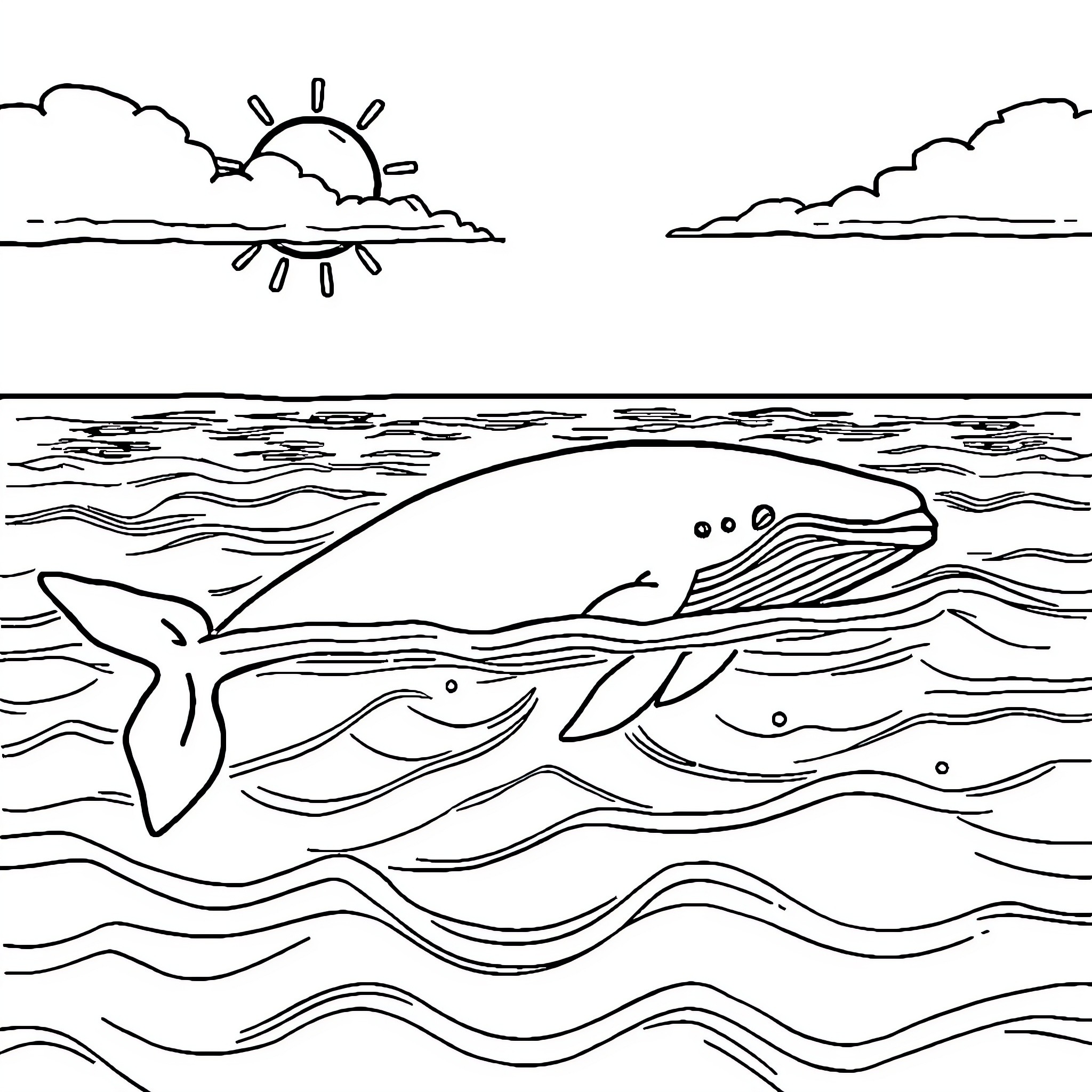 Whale swimming in the ocean under a sunset Coloring Page (free black-and-white line drawing printable PDF for all, from beginners to advanced learners, including children, teens, adults, and seniors)