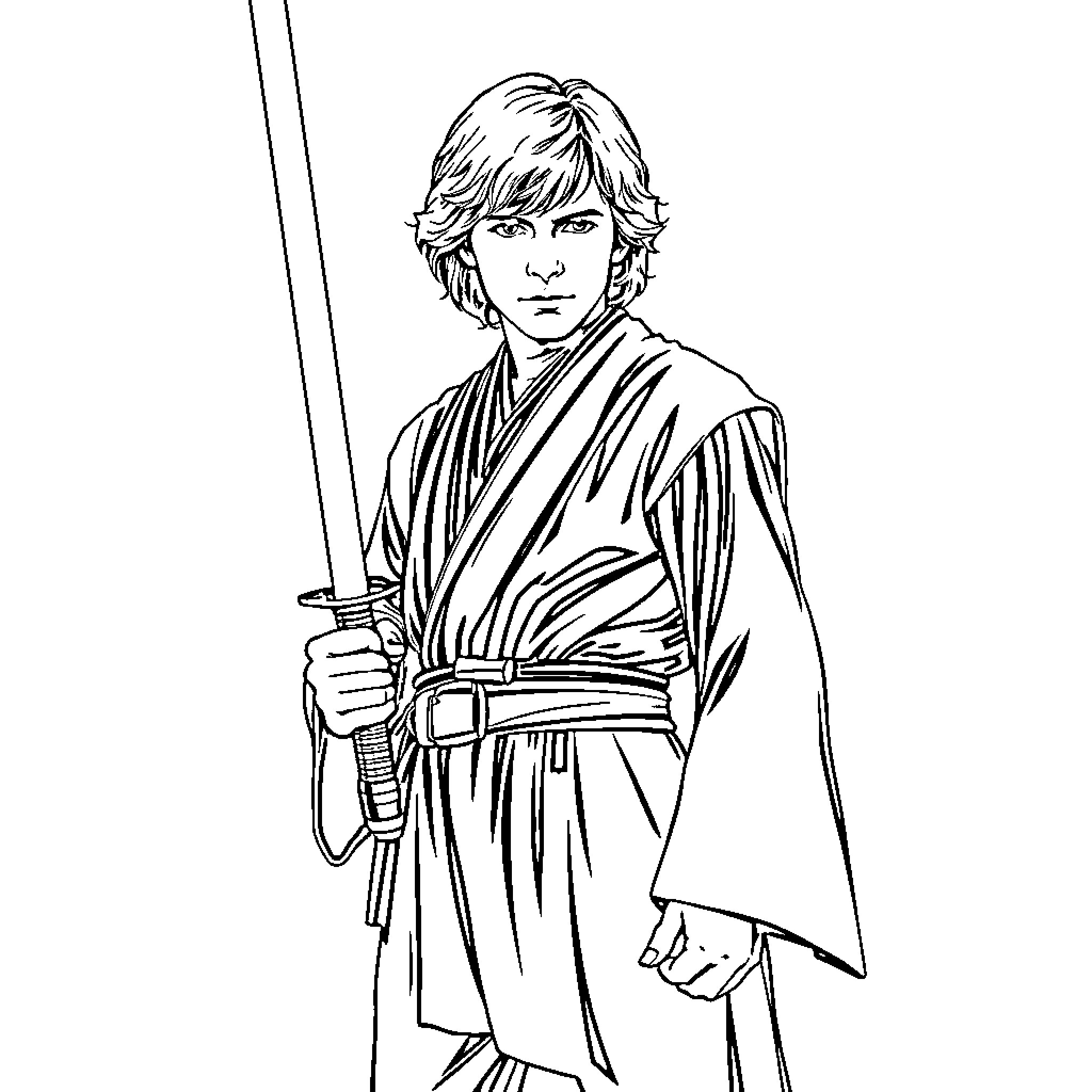 Luke Skywalker wielding his lightsaber in combat stance Coloring Page (free black-and-white line drawing printable PDF for all, from beginners to advanced learners, including children, teens, adults, and seniors)