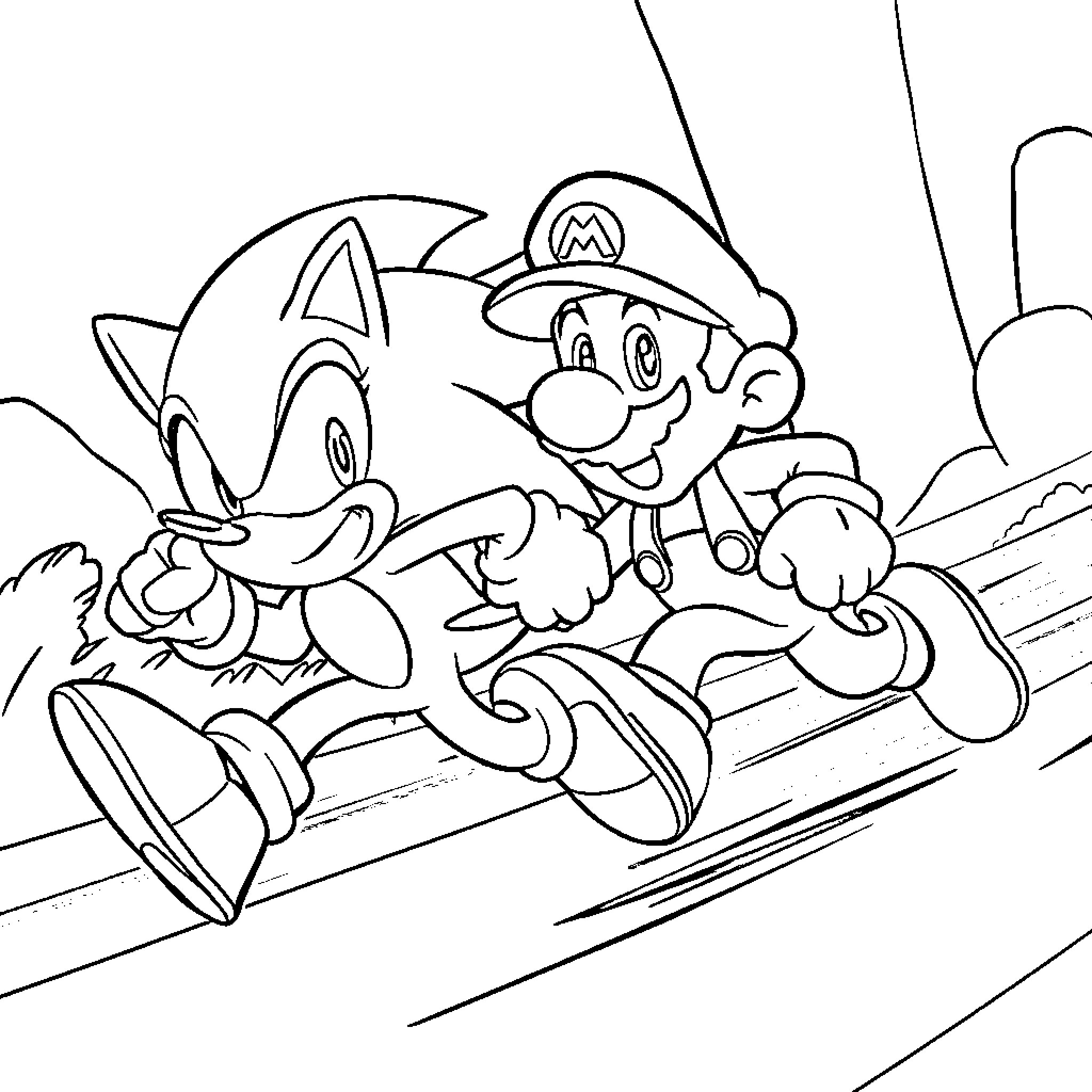 Sonic and Mario racing adventurously Coloring Page (free black-and-white line drawing printable PDF for all, from beginners to advanced learners, including children, teens, adults, and seniors)