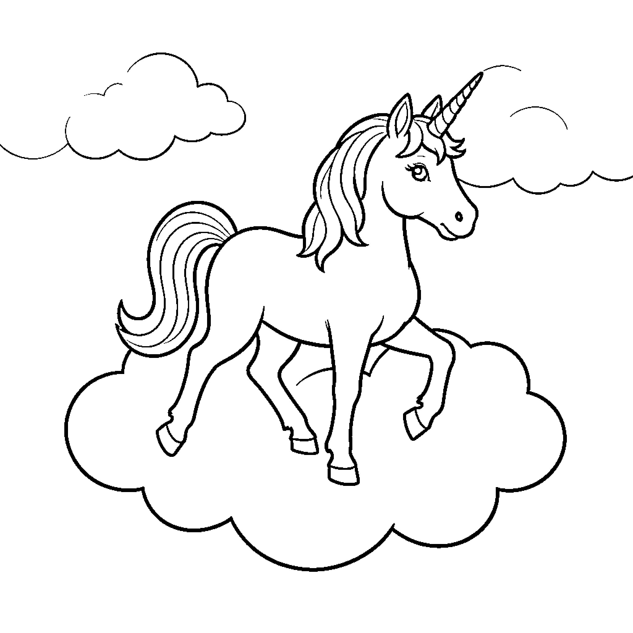 Unicorn galloping among clouds in the sky Coloring Page (free black-and-white line drawing printable PDF for all, from beginners to advanced learners, including children, teens, adults, and seniors)