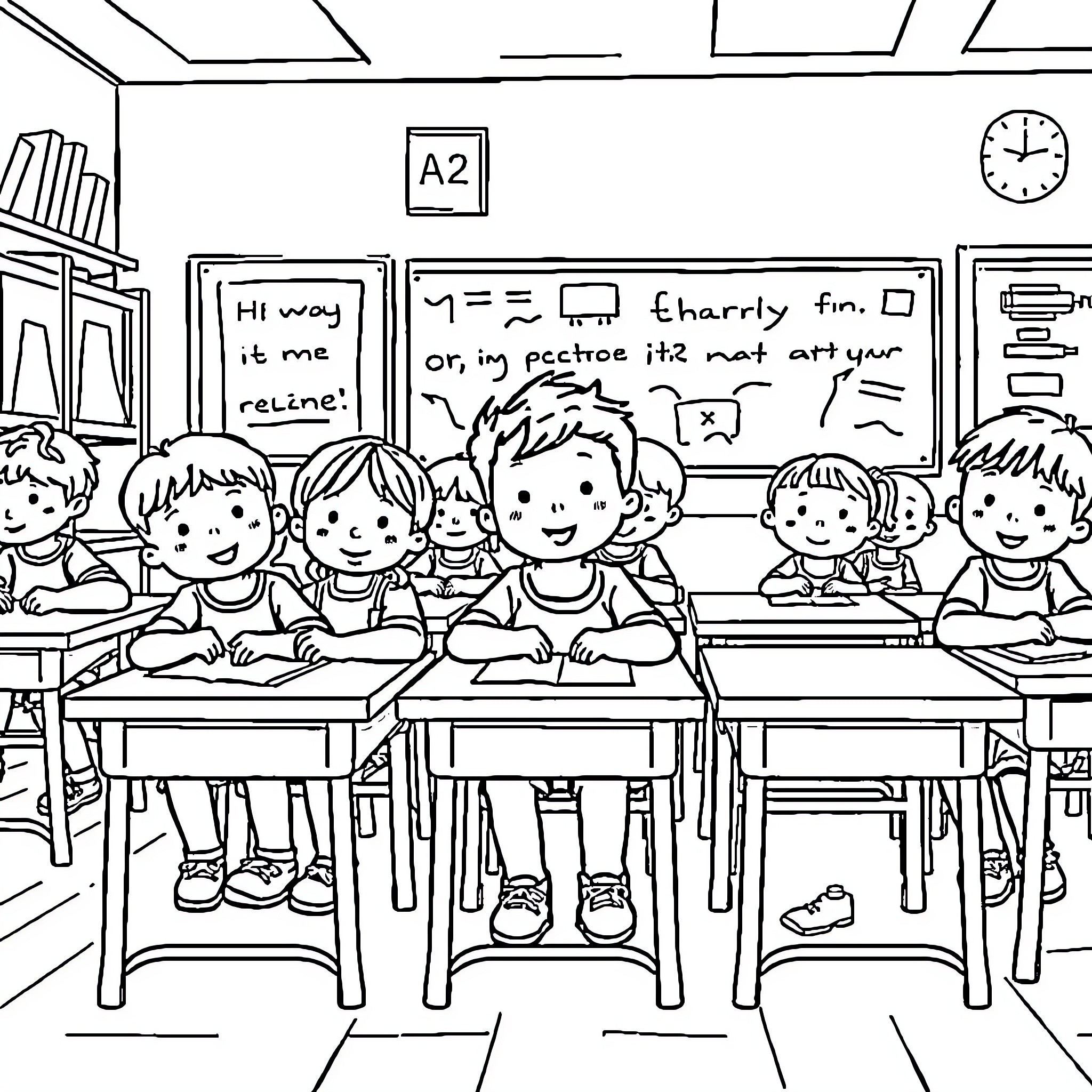 Child students learning in classroom Coloring Page (free black-and-white line drawing printable PDF for all, from beginners to advanced learners, including children, teens, adults, and seniors)