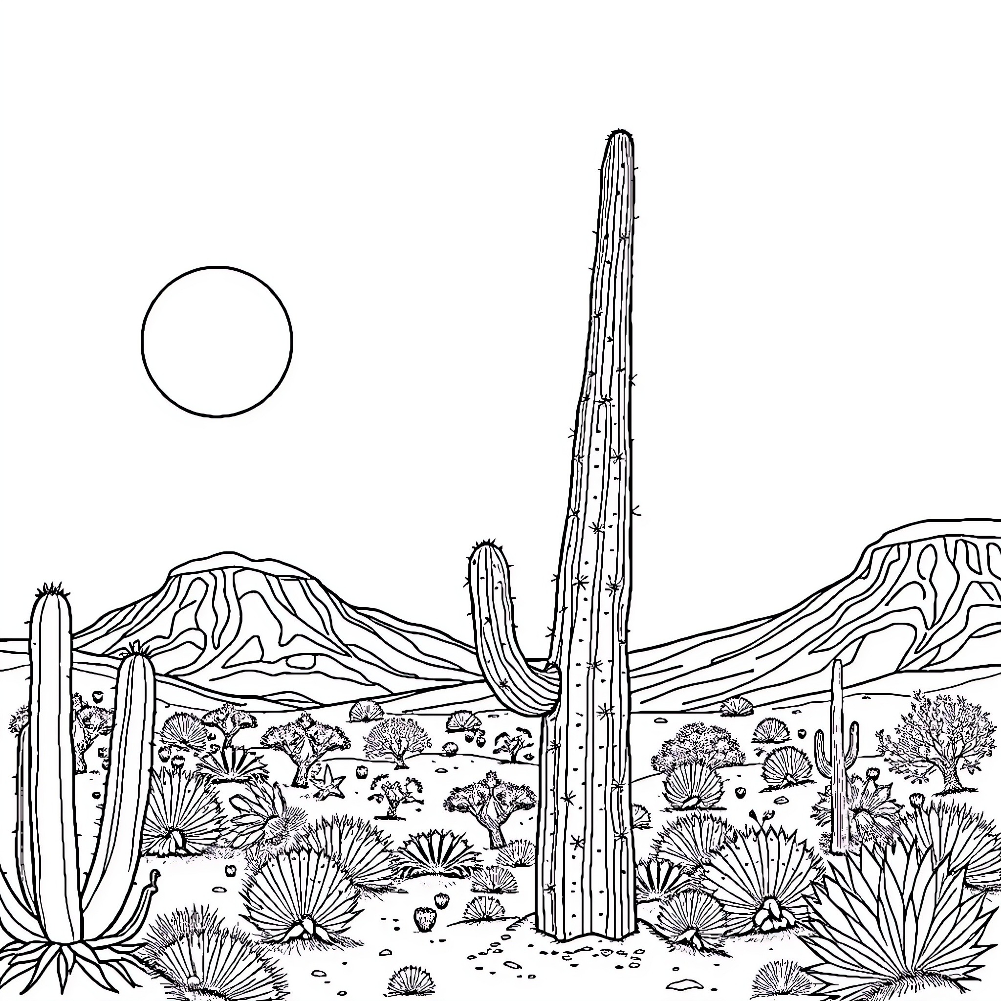 Cactus towering in the desert landscape Coloring Page (free black-and-white line drawing printable PDF for all, from beginners to advanced learners, including children, teens, adults, and seniors)