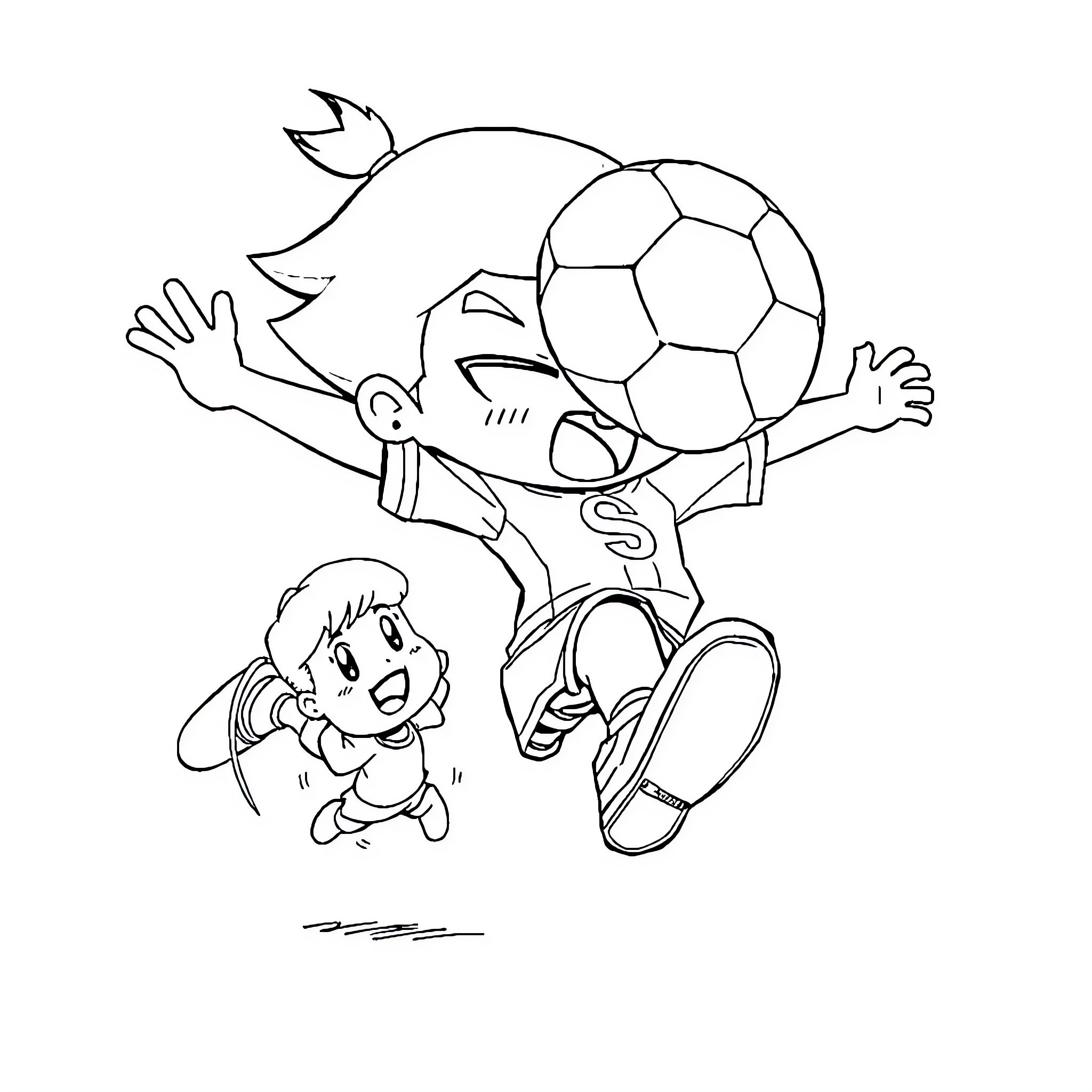Chigiri: Young Friends Playing with Soccer Ball Coloring Page (free black-and-white line drawing printable PDF for all, from beginners to advanced learners, including children, teens, adults, and seniors)