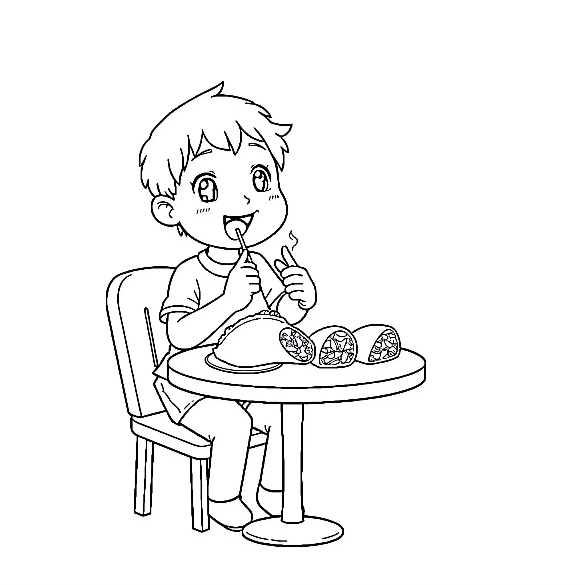 Tsubasa Enjoying a Snack at the Table Coloring Page (free black-and-white line drawing printable PDF for all, from beginners to advanced learners, including children, teens, adults, and seniors)