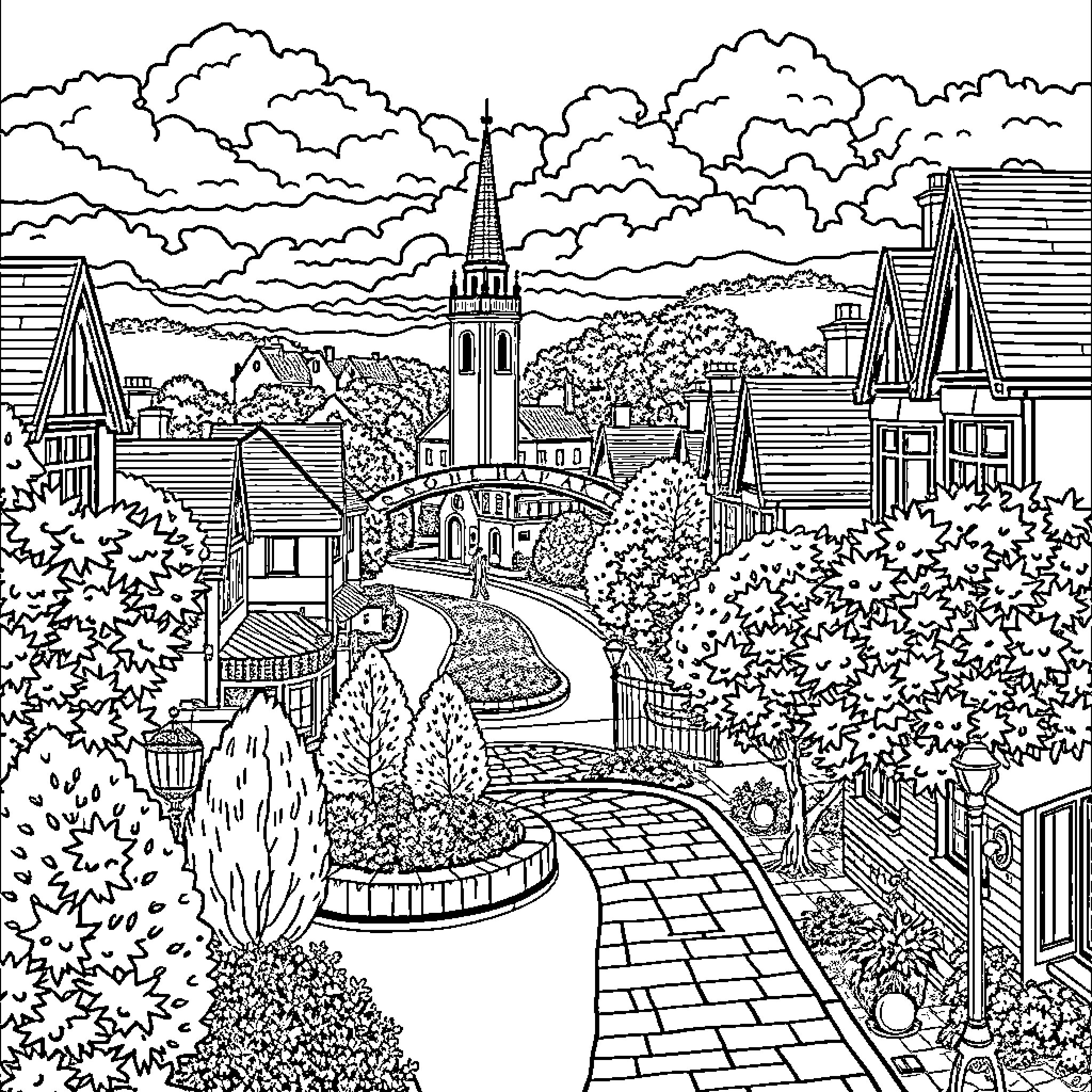Solihull: Scenic Town with Charming Architecture and Lush Greenery Coloring Page (free black-and-white line drawing printable PDF for all, from beginners to advanced learners, including children, teens, adults, and seniors)