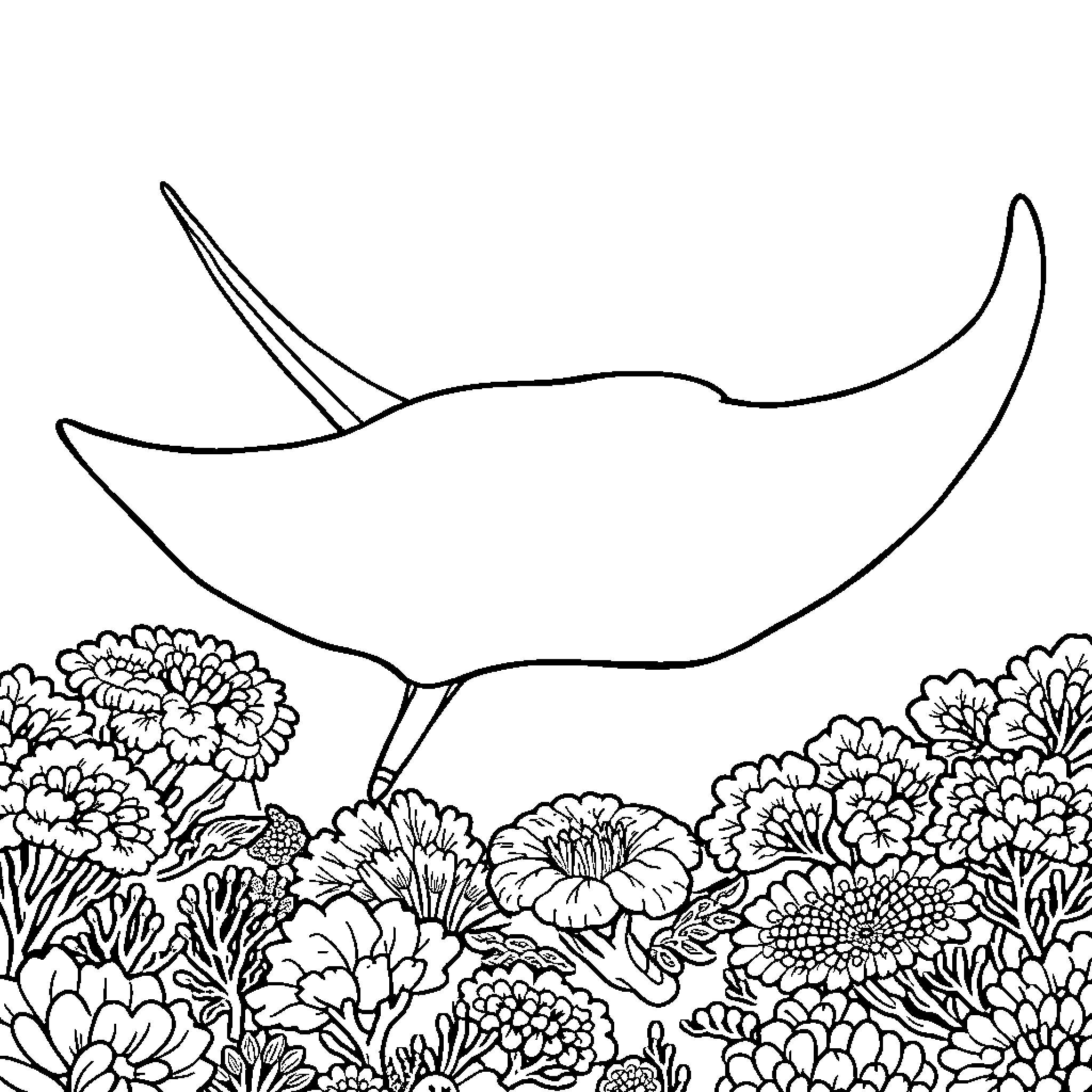 Stingray gliding through a garden of blooms Coloring Page (free black-and-white line drawing printable PDF for all, from beginners to advanced learners, including children, teens, adults, and seniors)