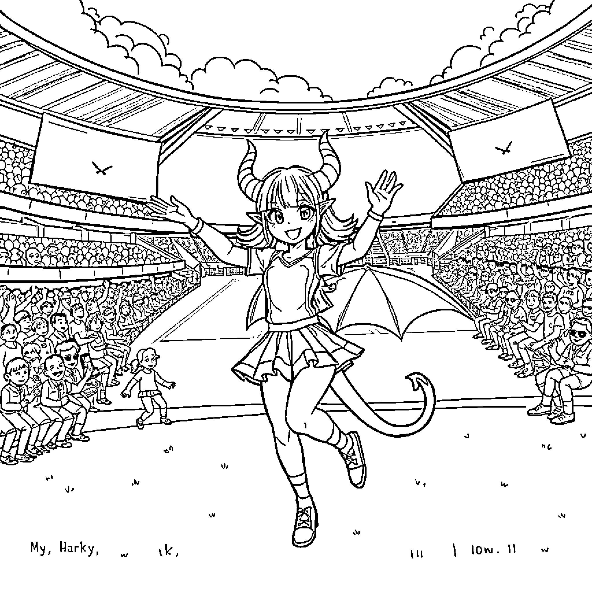 Mira's Triumphant Performance in the Arena Coloring Page (free black-and-white line drawing printable PDF for all, from beginners to advanced learners, including children, teens, adults, and seniors)