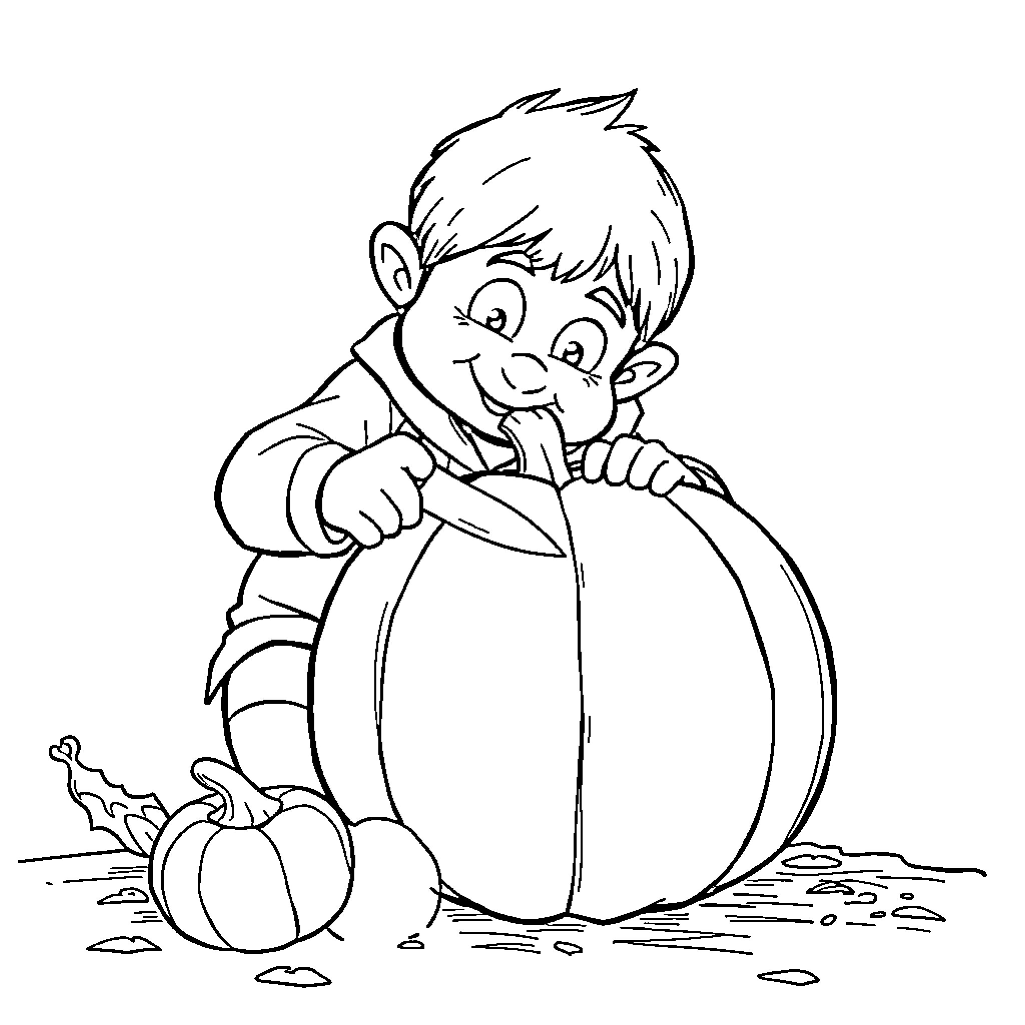 Sprunki Oren playing with pumpkins happily Coloring Page (free black-and-white line drawing printable PDF for all, from beginners to advanced learners, including children, teens, adults, and seniors)