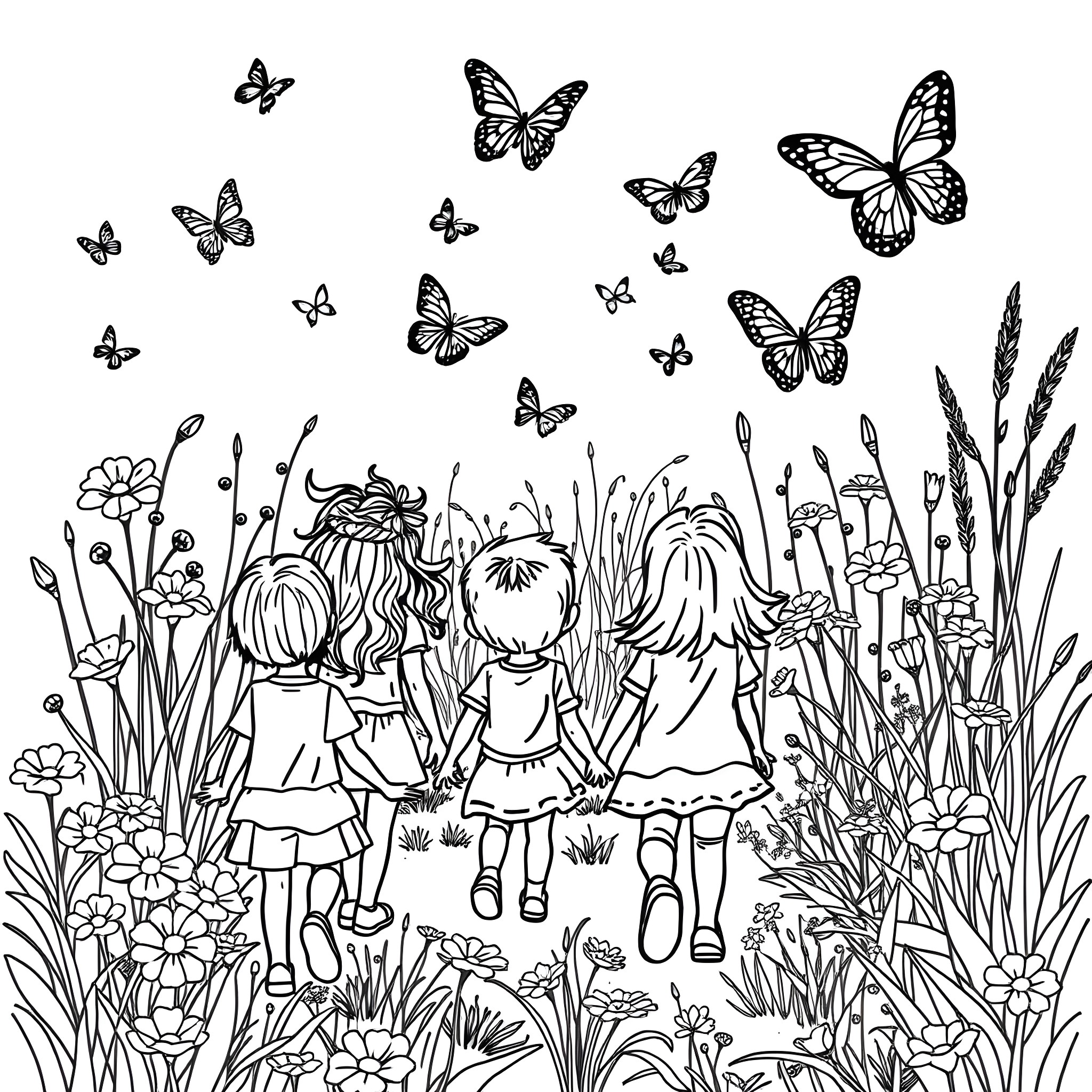 Kid playing happily with butterflies in the field Coloring Page (free black-and-white line drawing printable PDF for all, from beginners to advanced learners, including children, teens, adults, and seniors)