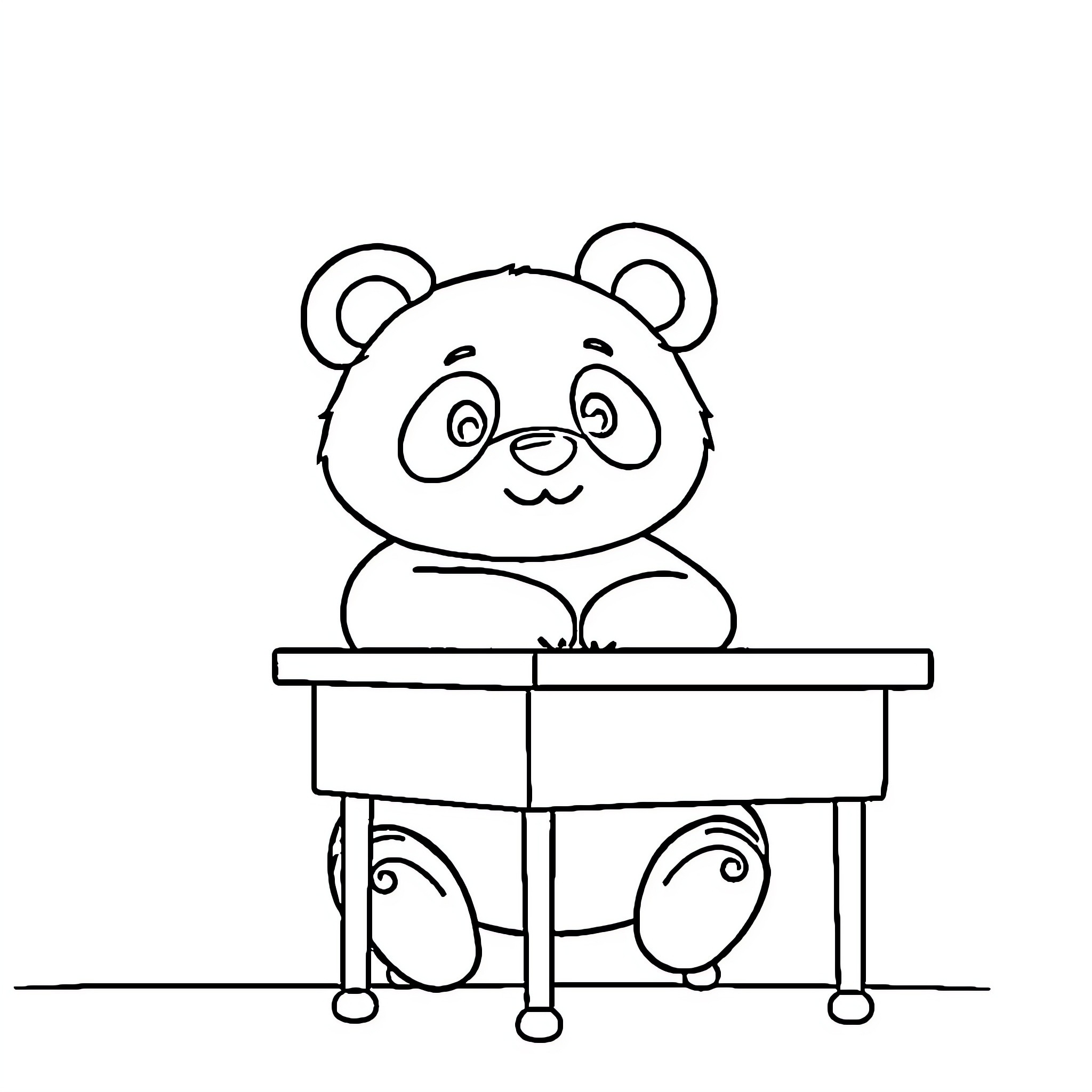 Panda sitting on a desk Coloring Page (free black-and-white line drawing printable PDF for all, from beginners to advanced learners, including children, teens, adults, and seniors)