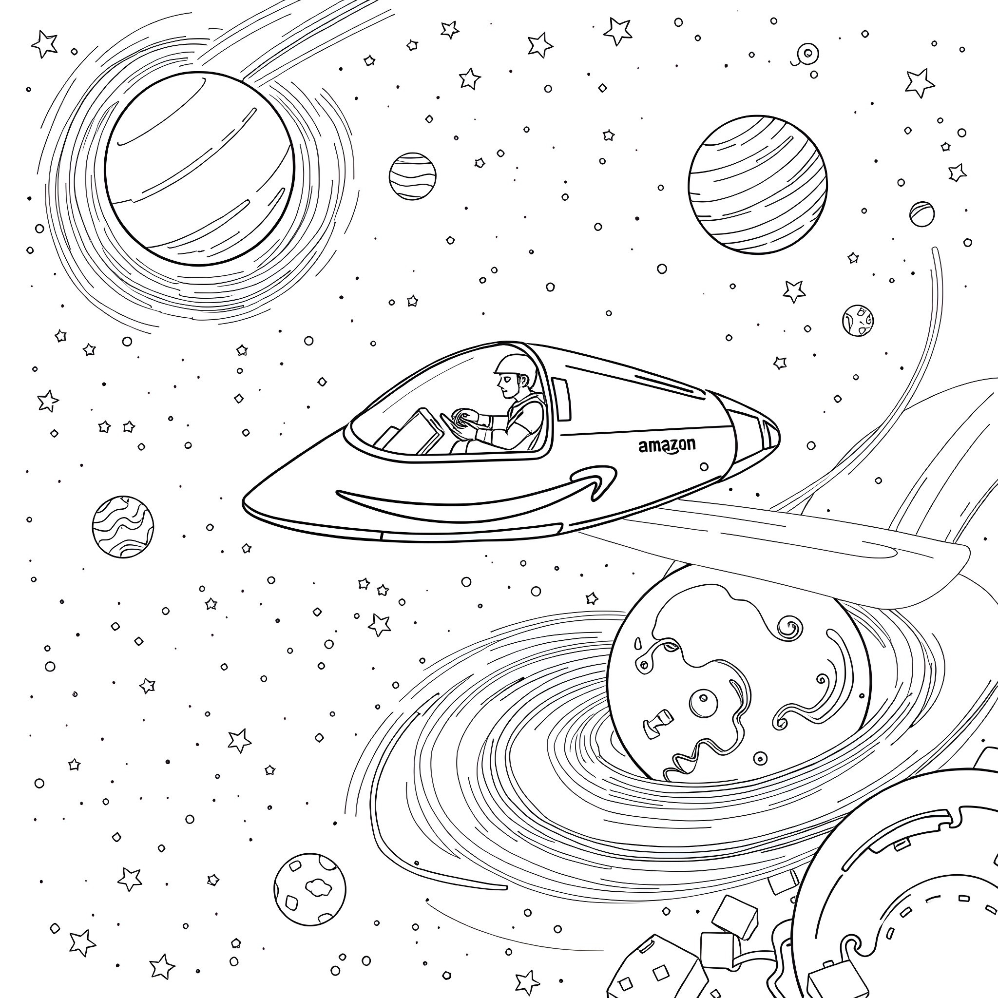 Amazon Driver Exploring Outer Space Adventure Coloring Page (free black-and-white line drawing printable PDF for all, from beginners to advanced learners, including children, teens, adults, and seniors)
