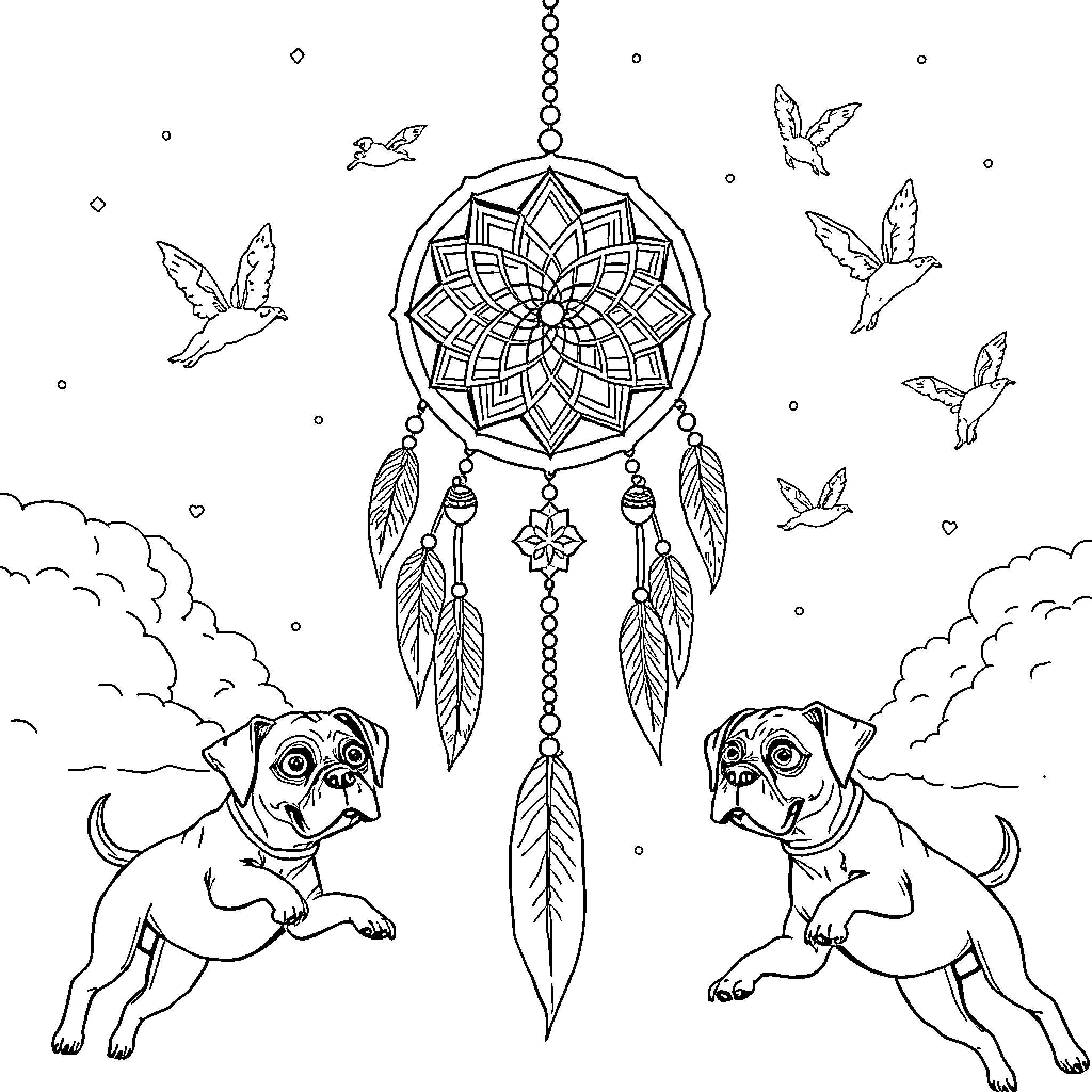 Dreamcatcher adorned with playful puppies and birds Coloring Page (free black-and-white line drawing printable PDF for all, from beginners to advanced learners, including children, teens, adults, and seniors)