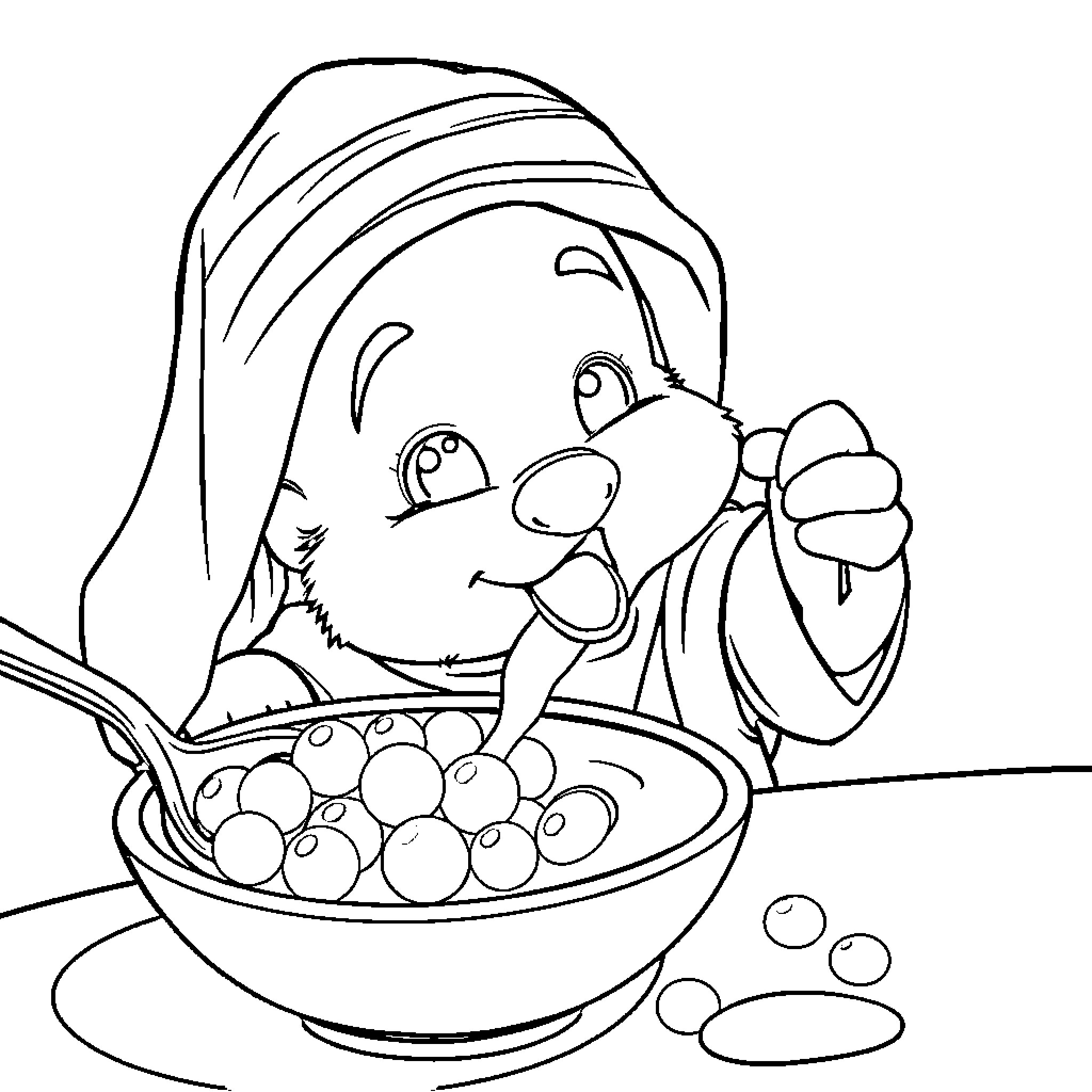 Rumi enjoying a bowl of treats Coloring Page (free black-and-white line drawing printable PDF for all, from beginners to advanced learners, including children, teens, adults, and seniors)