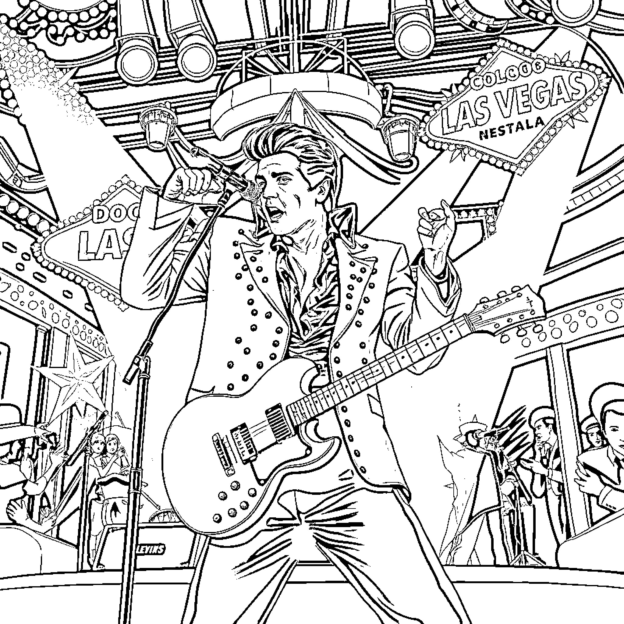 Elvis Presley Performing Energetic Rock and Roll Show Coloring Page (free black-and-white line drawing printable PDF for all, from beginners to advanced learners, including children, teens, adults, and seniors)
