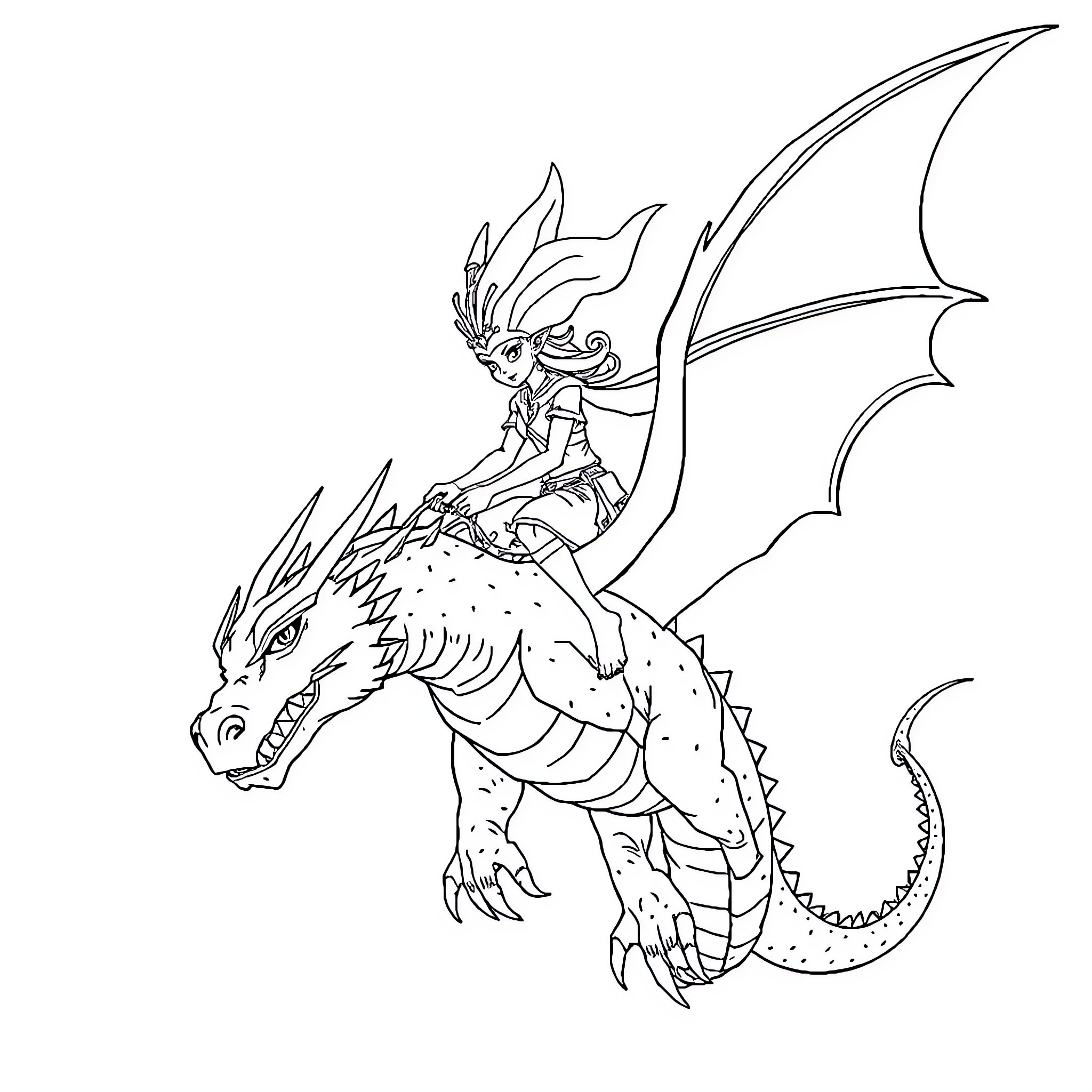 Martian warrior riding a fierce dragon Coloring Page (free black-and-white line drawing printable PDF for all, from beginners to advanced learners, including children, teens, adults, and seniors)