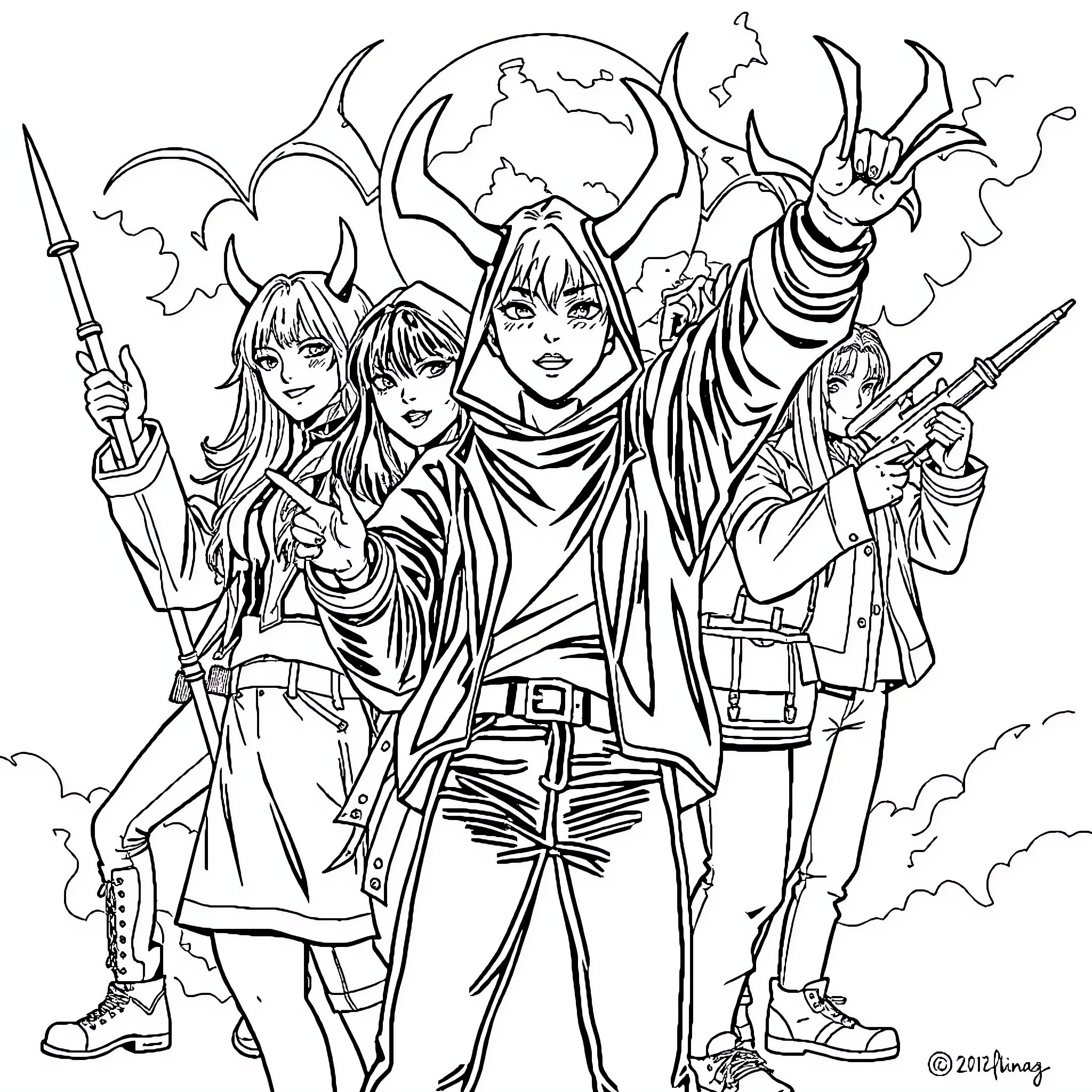 Demon Hunter Squad Battles Forces of Darkness Coloring Page (free black-and-white line drawing printable PDF for all, from beginners to advanced learners, including children, teens, adults, and seniors)