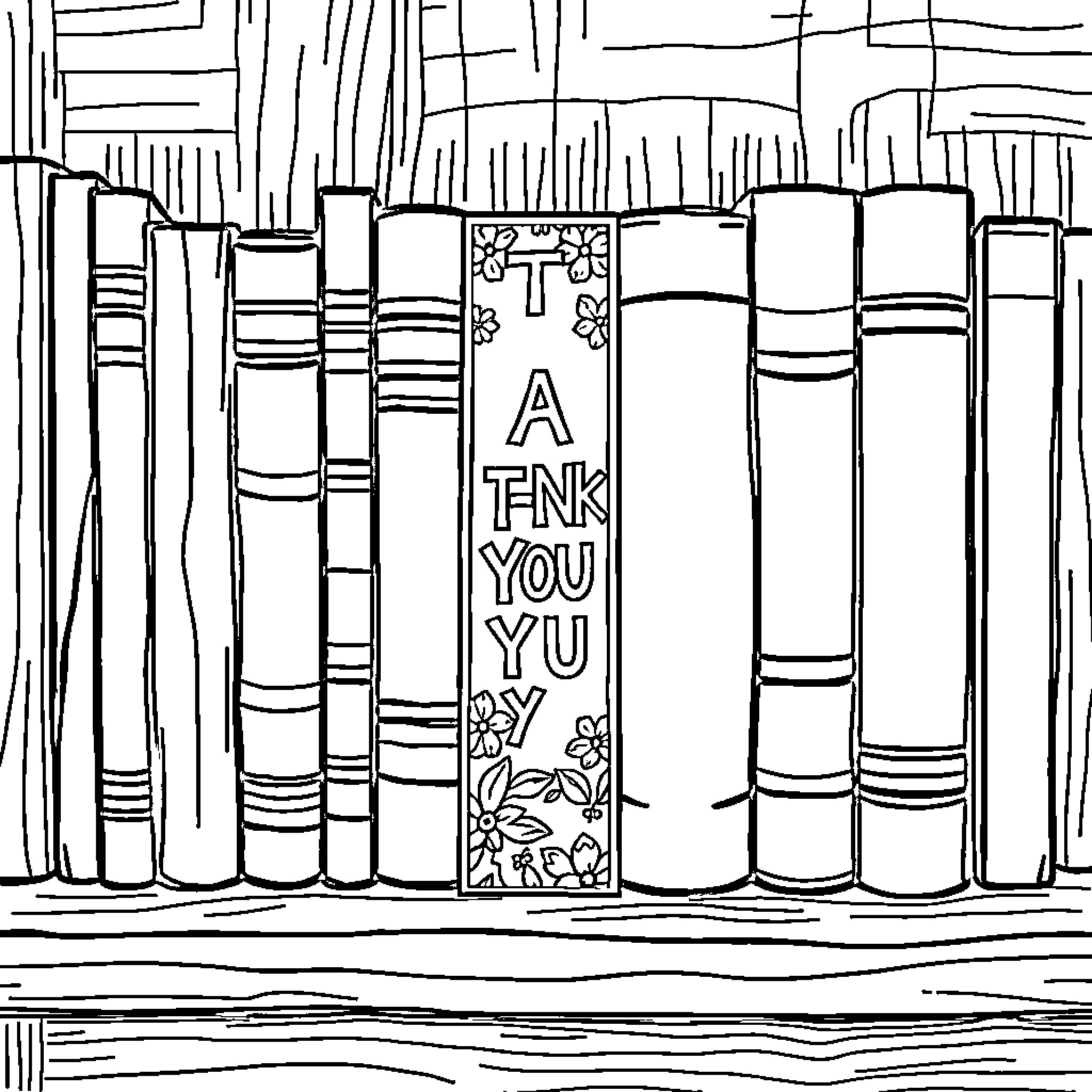 Bookmark among Rows of Books on Shelves Coloring Page (free black-and-white line drawing printable PDF for all, from beginners to advanced learners, including children, teens, adults, and seniors)