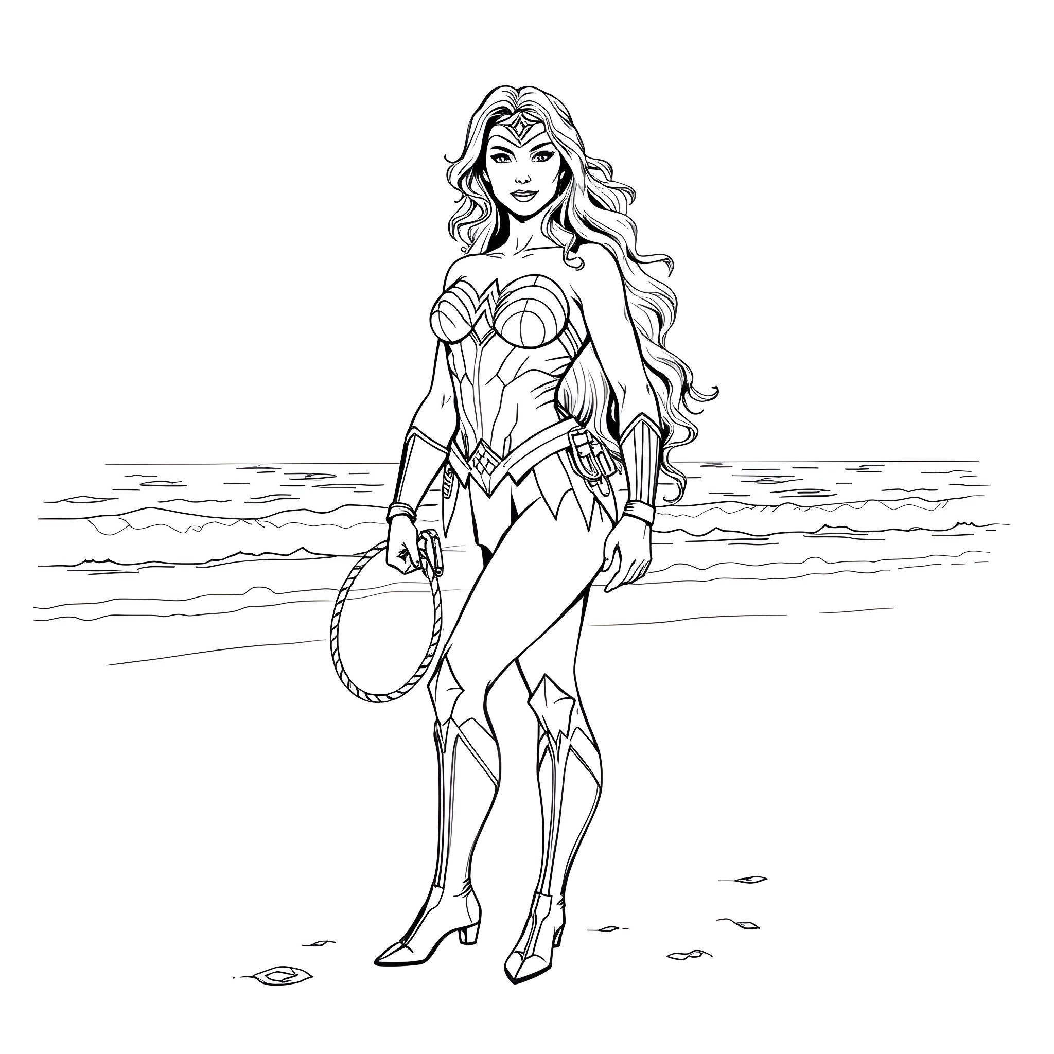Wonder Woman standing heroically on the beach Coloring Page (free black-and-white line drawing printable PDF for all, from beginners to advanced learners, including children, teens, adults, and seniors)