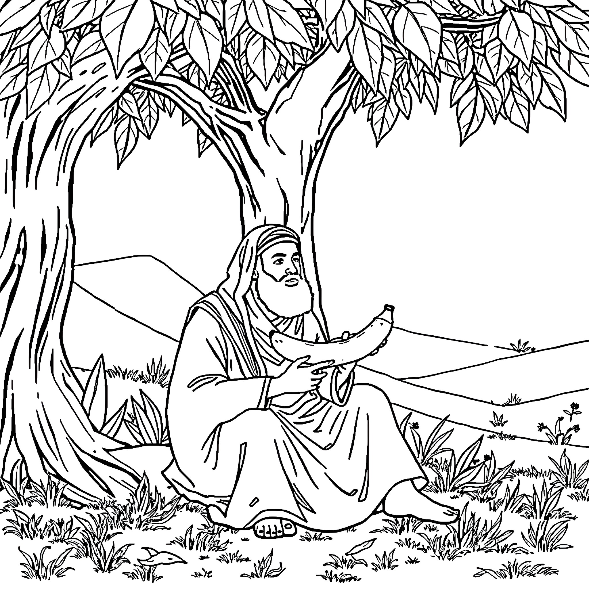 Altair praying beneath the shade of a tree Coloring Page (free black-and-white line drawing printable PDF for all, from beginners to advanced learners, including children, teens, adults, and seniors)
