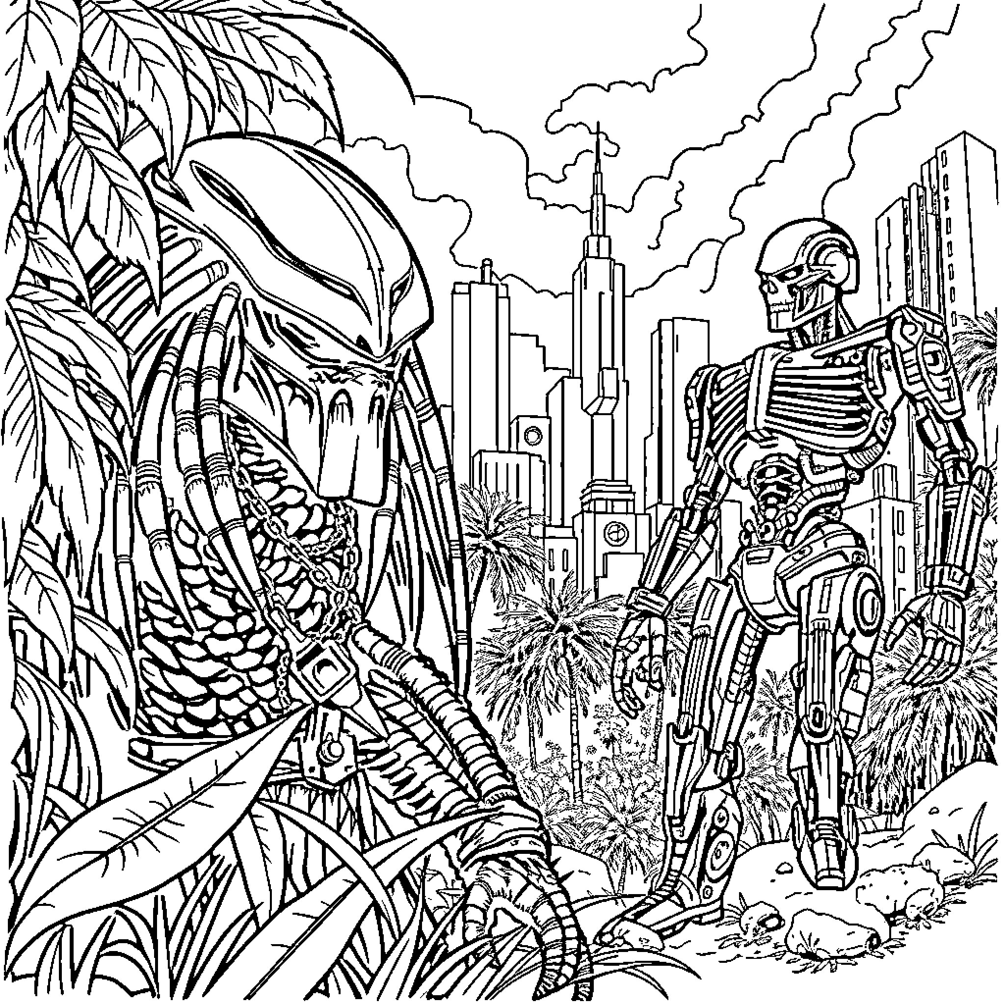 Predator encounters futuristic cityscape Coloring Page (free black-and-white line drawing printable PDF for all, from beginners to advanced learners, including children, teens, adults, and seniors)