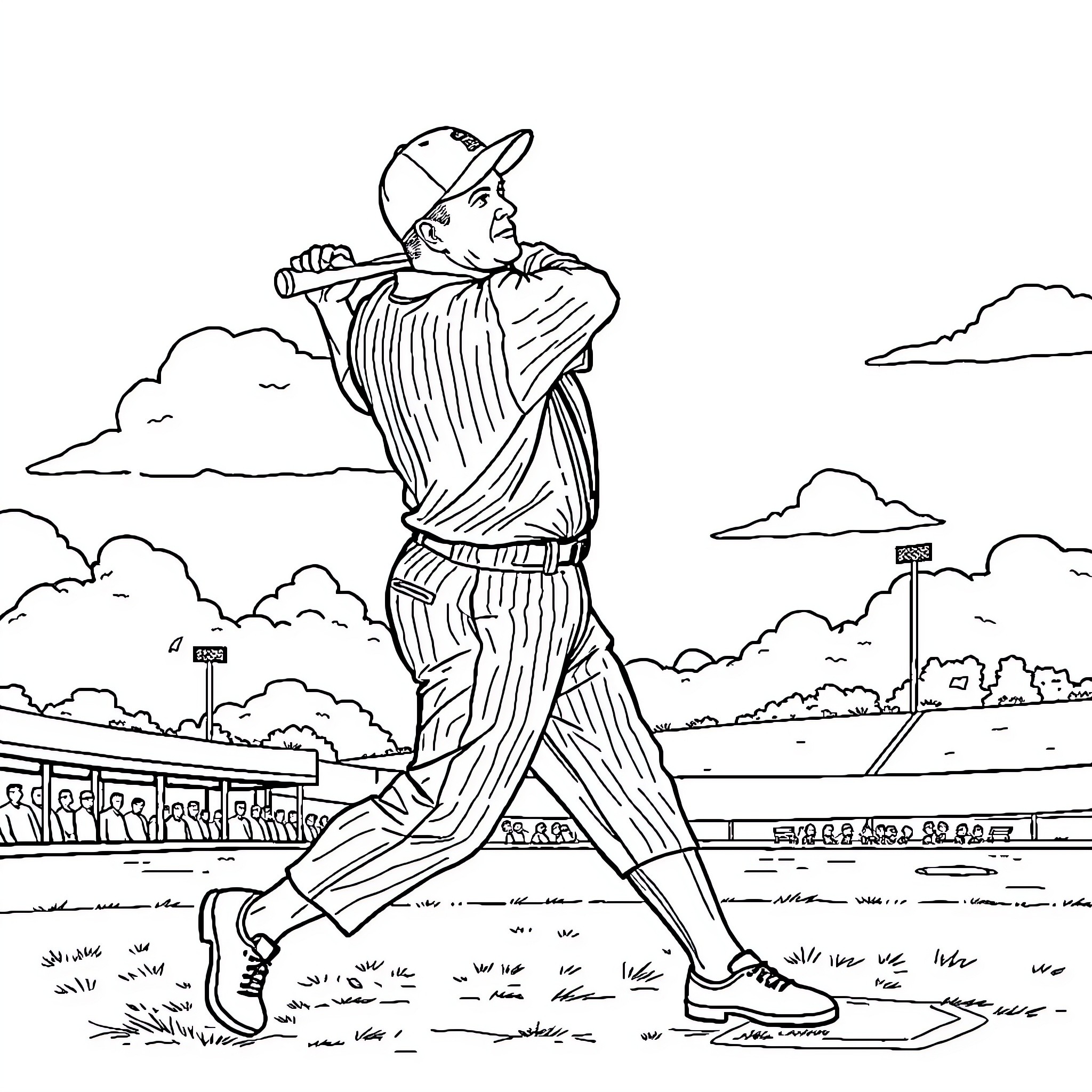 Babe Ruth batting at baseball stadium Coloring Page (free black-and-white line drawing printable PDF for all, from beginners to advanced learners, including children, teens, adults, and seniors)
