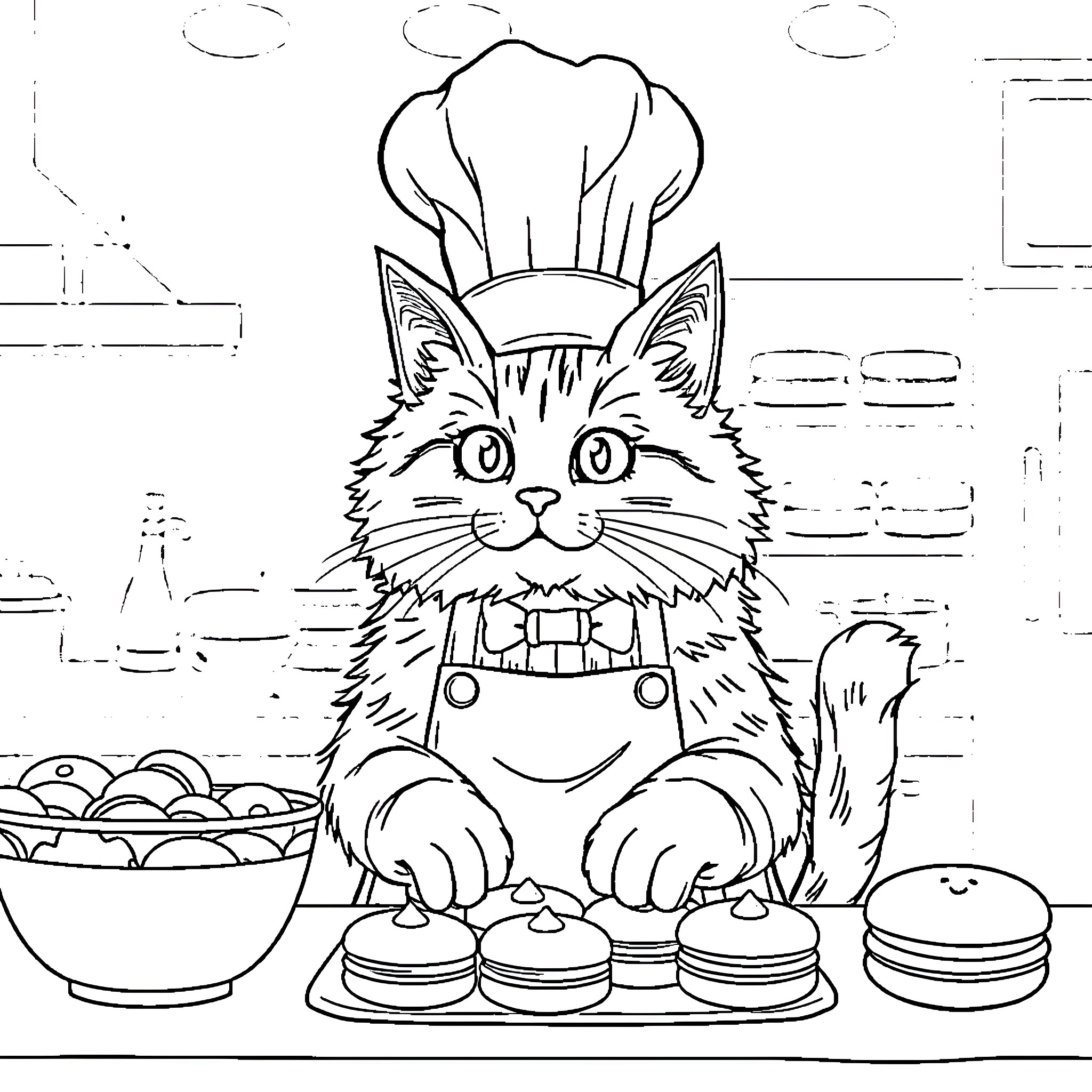 Cat chef posing with kitchen accessories Coloring Page (free black-and-white line drawing printable PDF for all, from beginners to advanced learners, including children, teens, adults, and seniors)