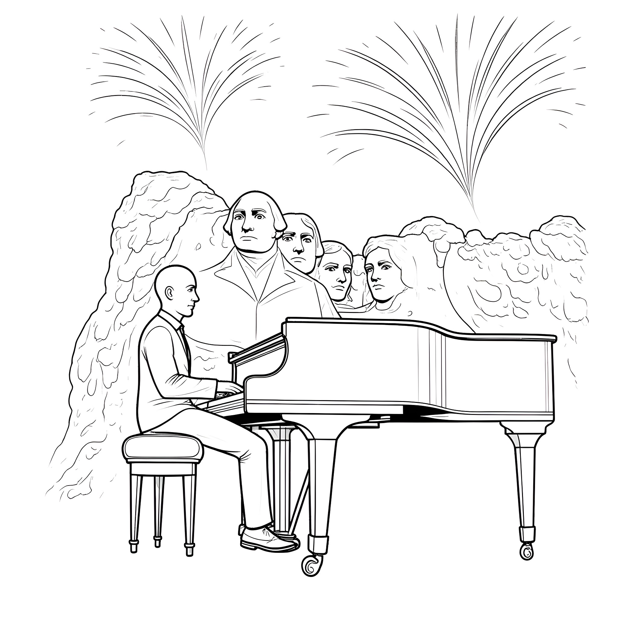 Pianist performing on a grand piano with fireworks in the background Coloring Page (free black-and-white line drawing printable PDF for all, from beginners to advanced learners, including children, teens, adults, and seniors)