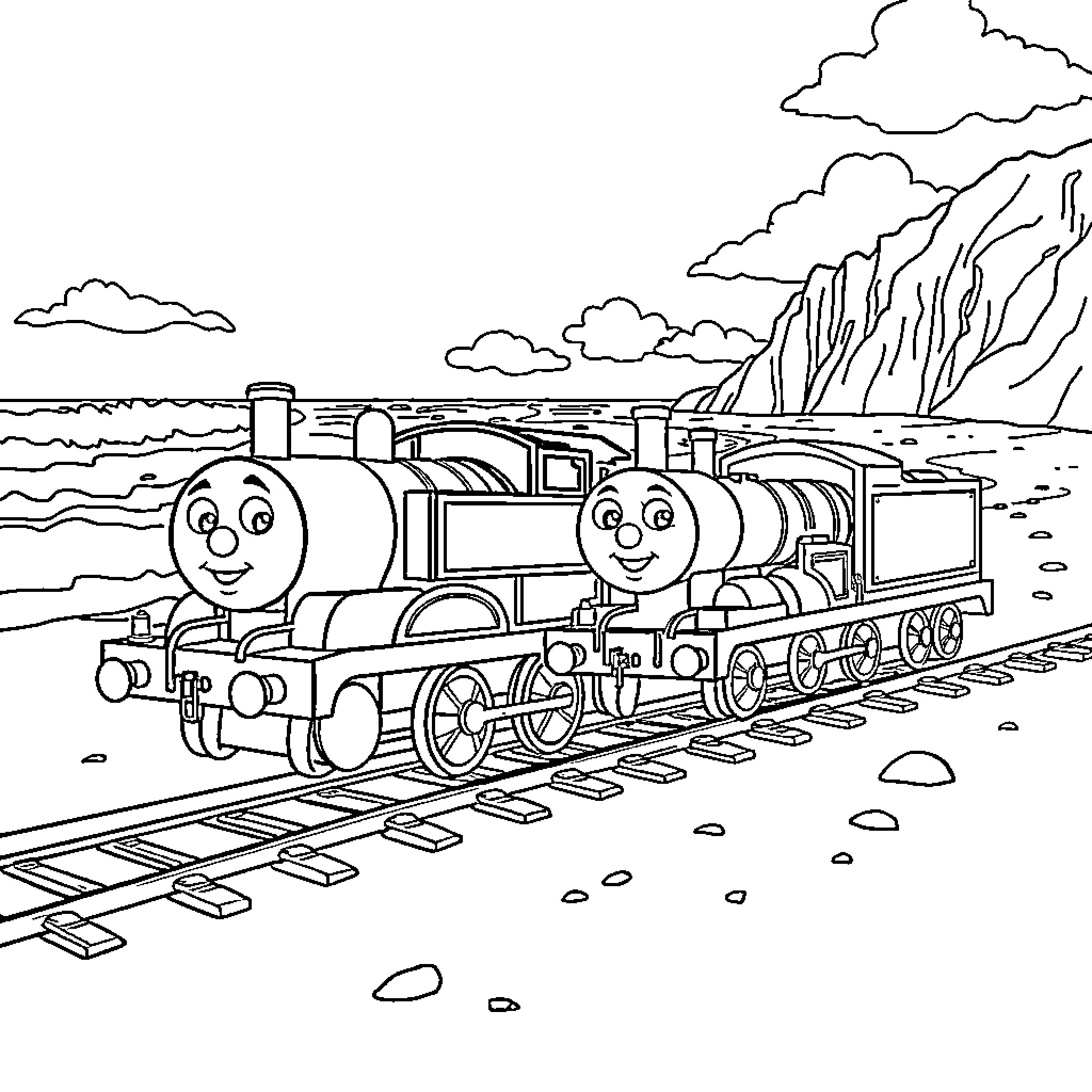 Thomas' Cheerful Train Adventure Coloring Page (free black-and-white line drawing printable PDF for all, from beginners to advanced learners, including children, teens, adults, and seniors)