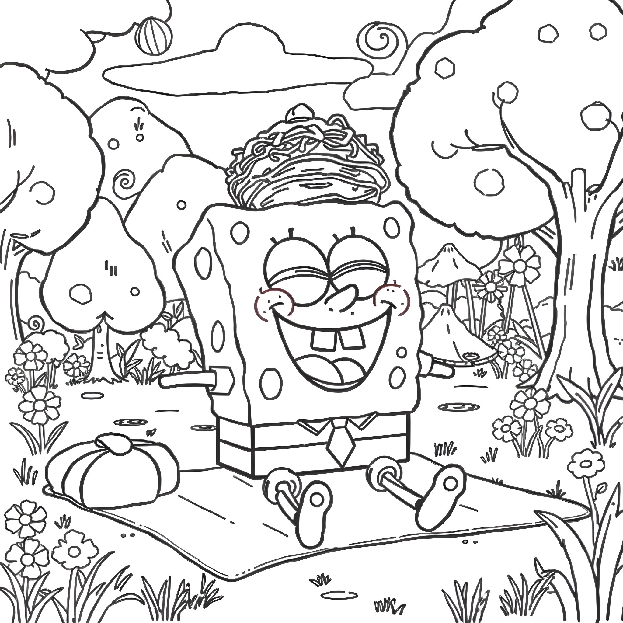 Sponge Bob enjoying a playful adventure in the magical forest Coloring Page (free black-and-white line drawing printable PDF for all, from beginners to advanced learners, including children, teens, adults, and seniors)