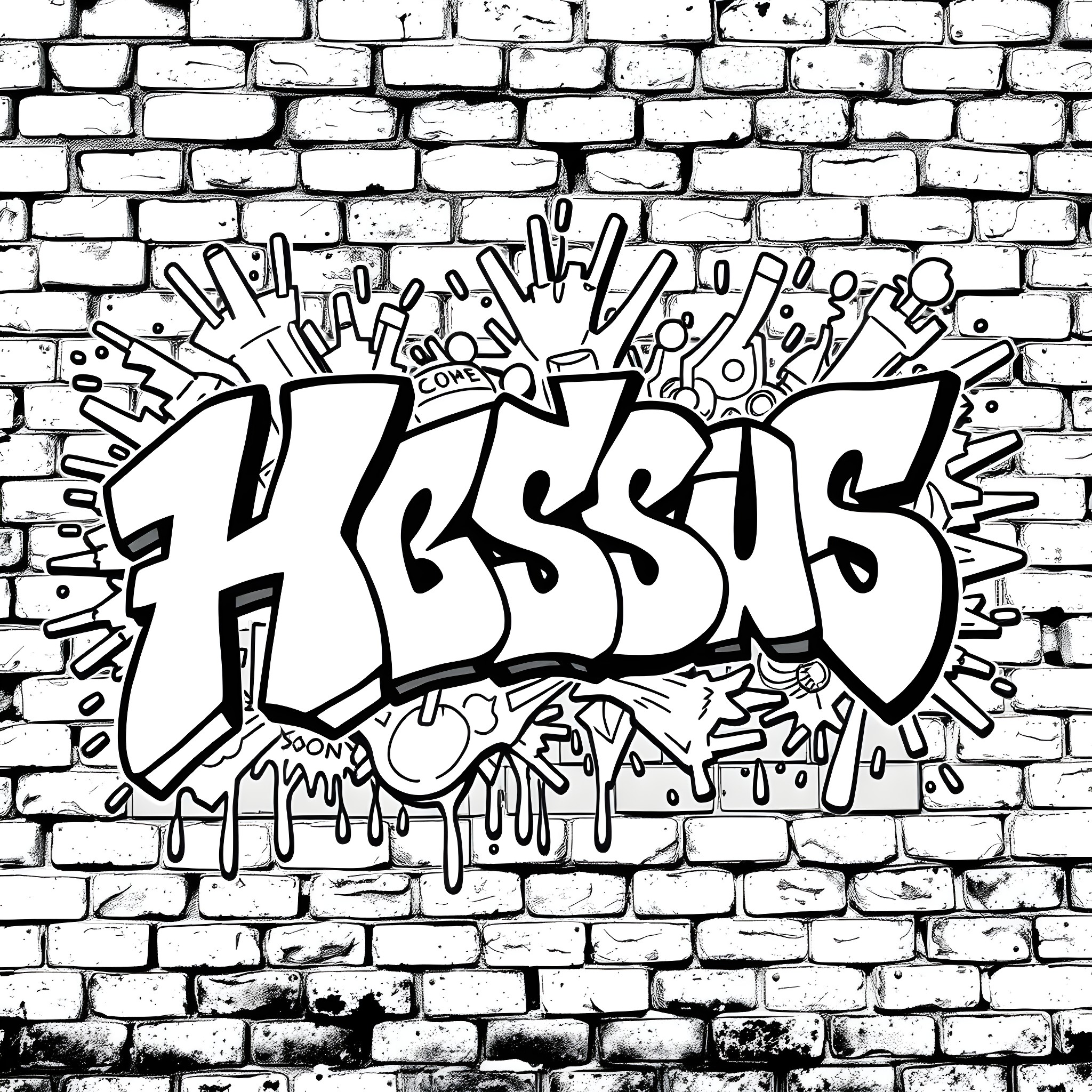 Graffiti Art Explosion on Brick Wall Coloring Page (free black-and-white line drawing printable PDF for all, from beginners to advanced learners, including children, teens, adults, and seniors)