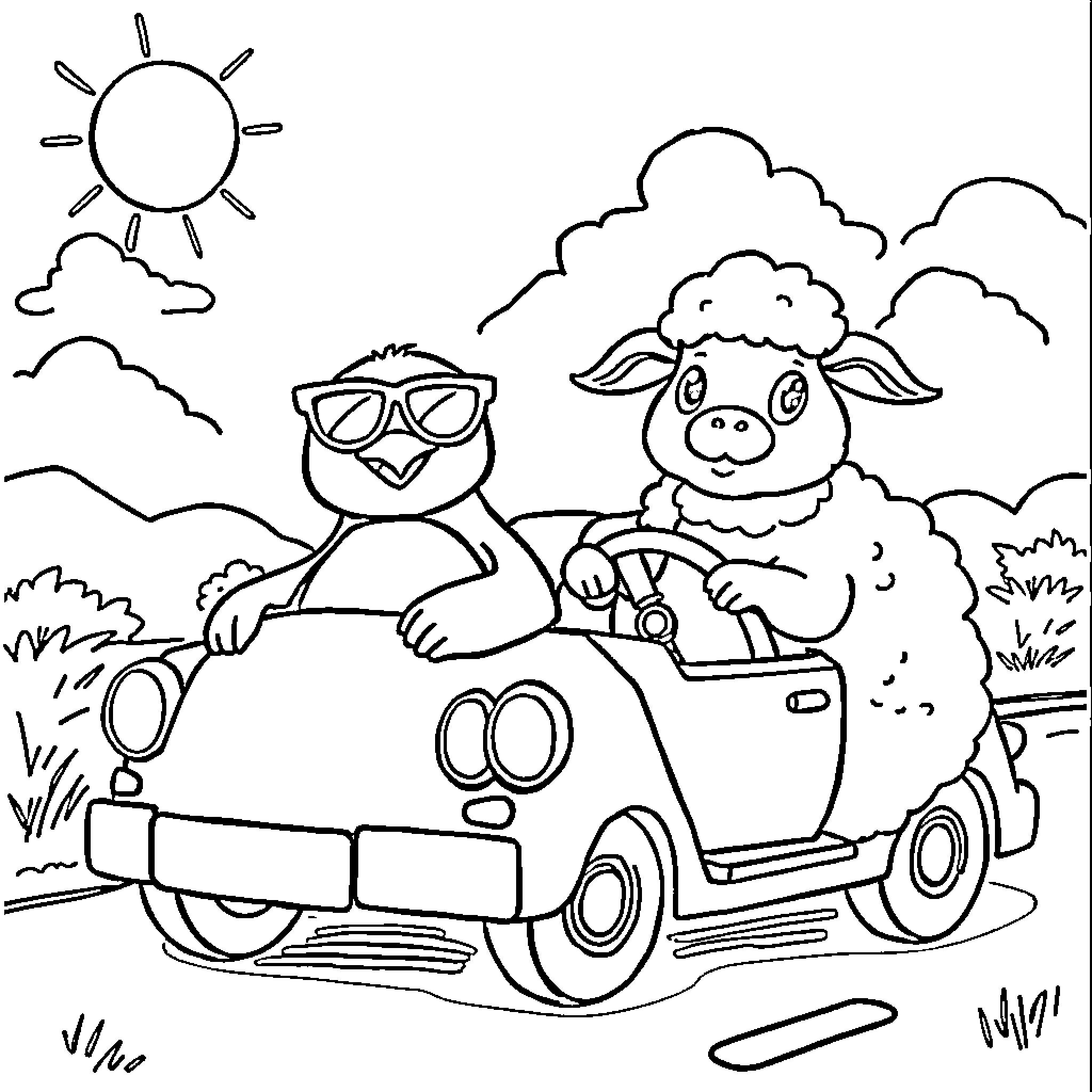 Penguin driving a car with a sheep passenger Coloring Page (free black-and-white line drawing printable PDF for all, from beginners to advanced learners, including children, teens, adults, and seniors)