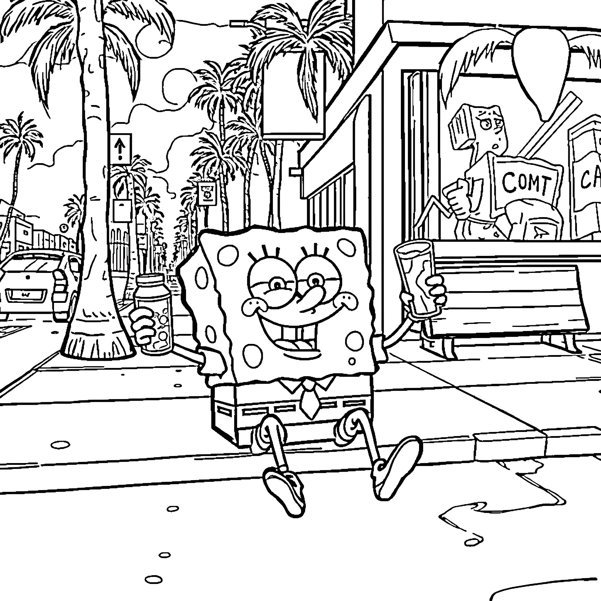 Spongebob's Adventures in the Colorful Cartoon Town Coloring Page (free black-and-white line drawing printable PDF for all, from beginners to advanced learners, including children, teens, adults, and seniors)