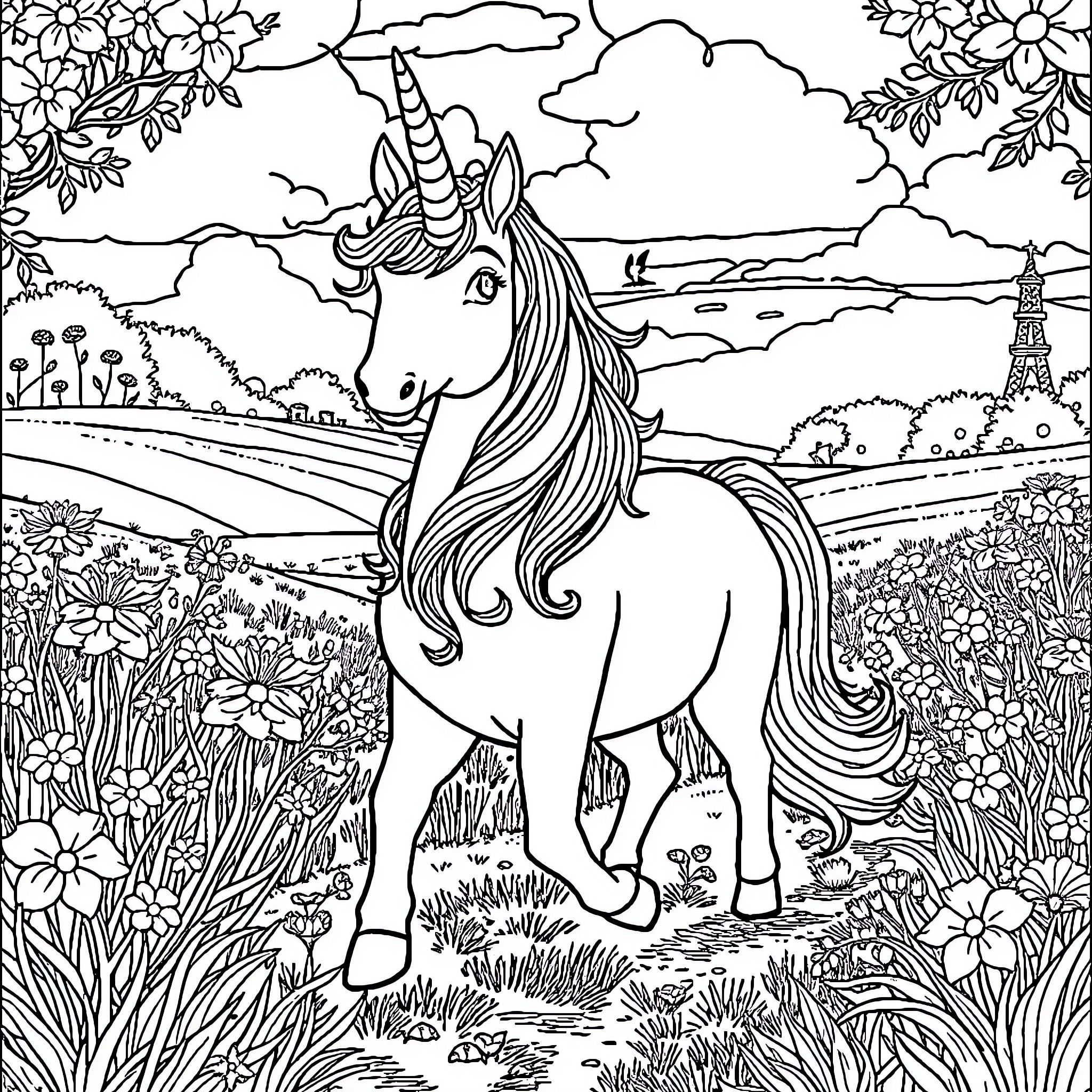 Unicorn in a Magical Meadow Coloring Page (free black-and-white line drawing printable PDF for all, from beginners to advanced learners, including children, teens, adults, and seniors)