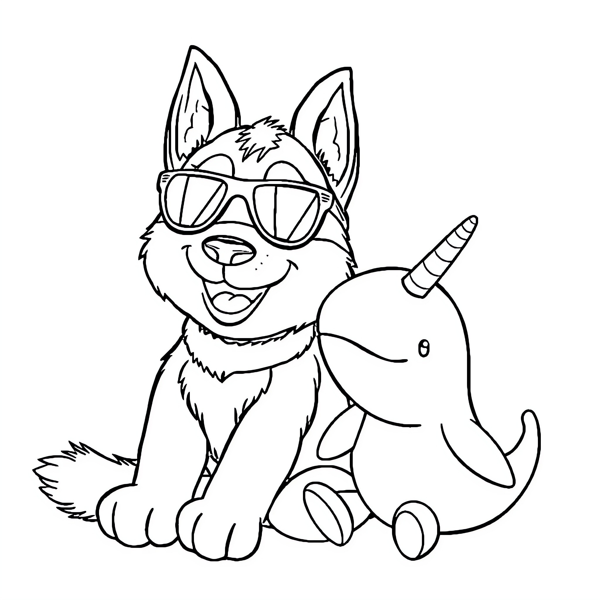 Husky wearing sunglasses playing with stuffed animal Coloring Page (free black-and-white line drawing printable PDF for all, from beginners to advanced learners, including children, teens, adults, and seniors)