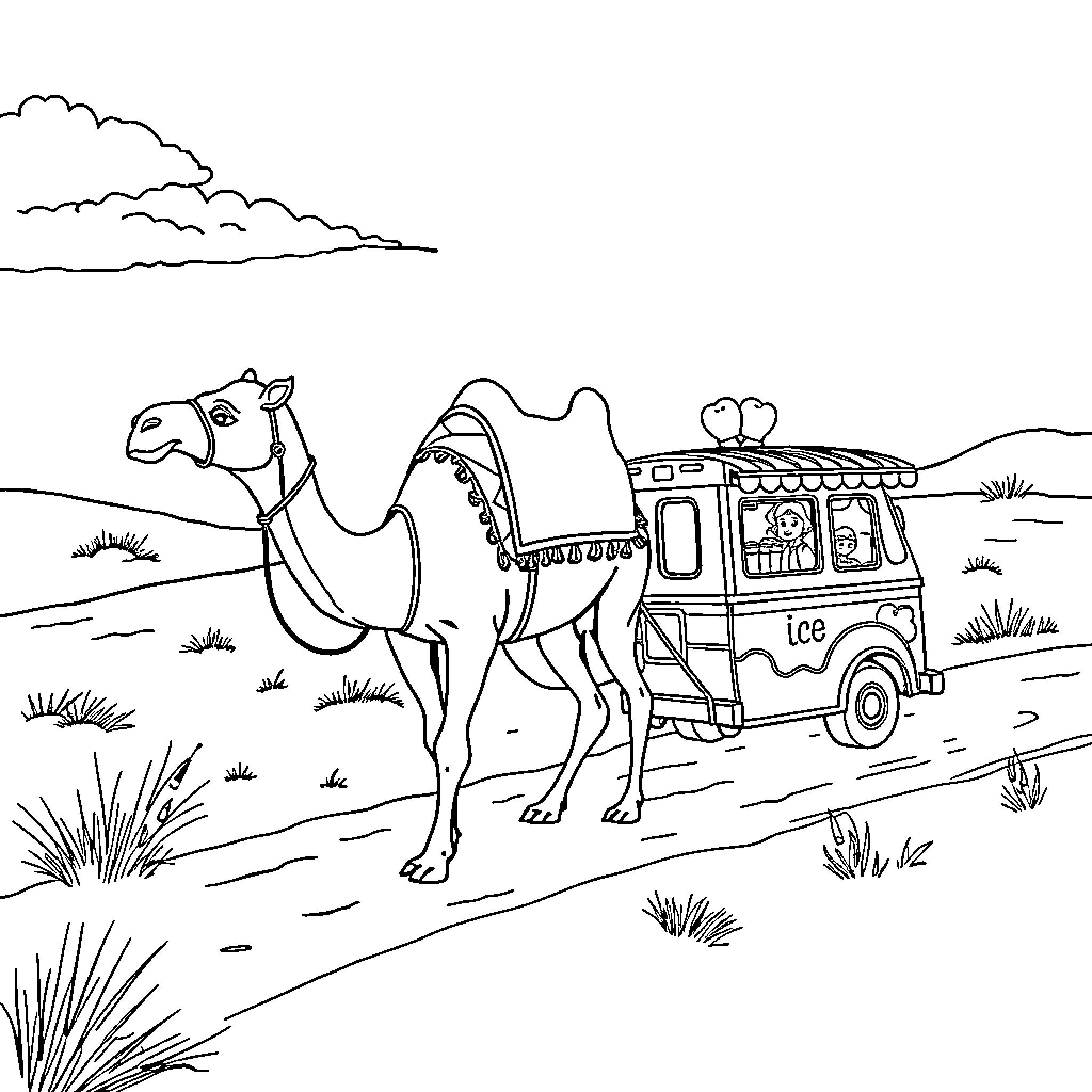 Camel and ice cream truck in desert landscape Coloring Page (free black-and-white line drawing printable PDF for all, from beginners to advanced learners, including children, teens, adults, and seniors)