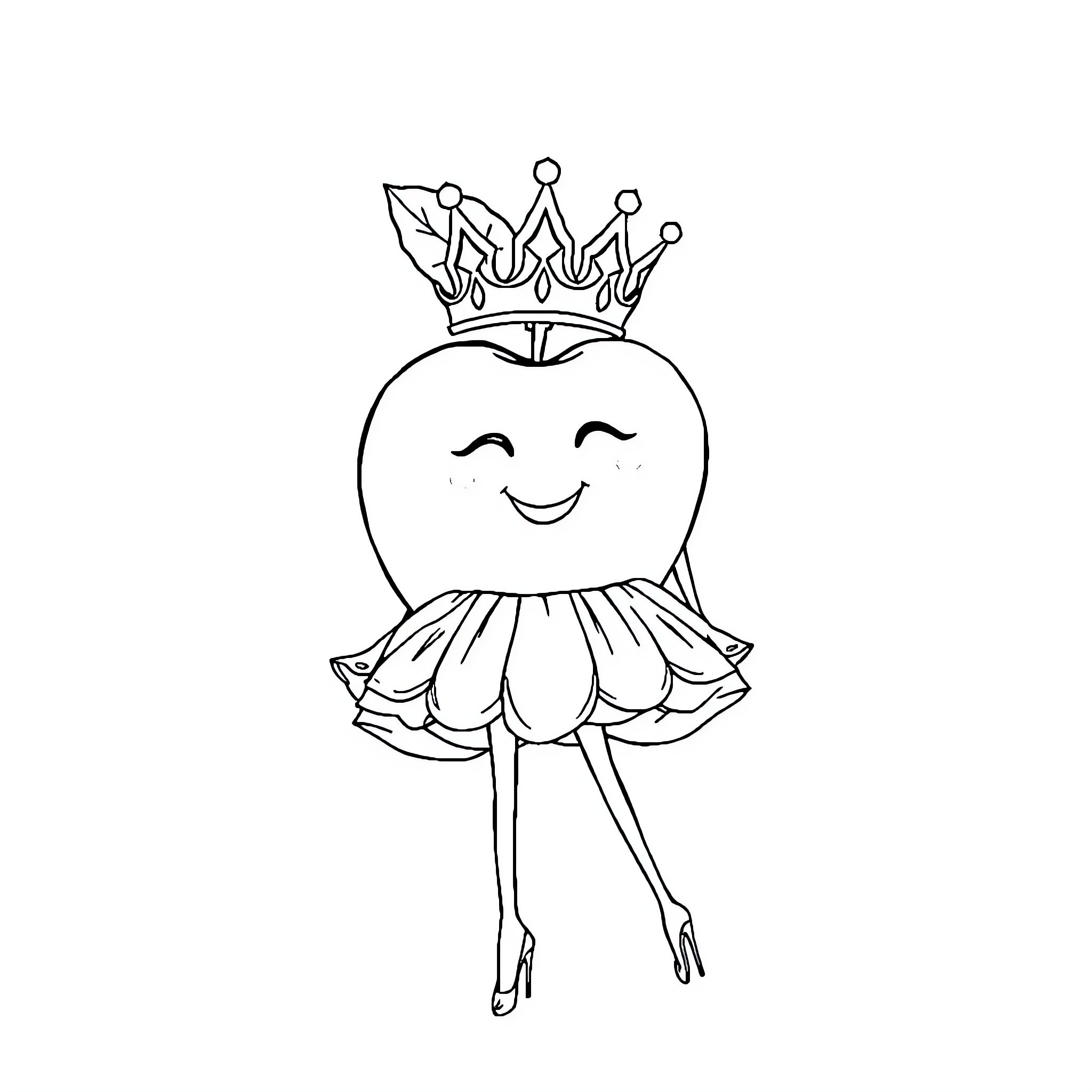 Apple Royal Dressed-Up Character Coloring Page (free black-and-white line drawing printable PDF for all, from beginners to advanced learners, including children, teens, adults, and seniors)