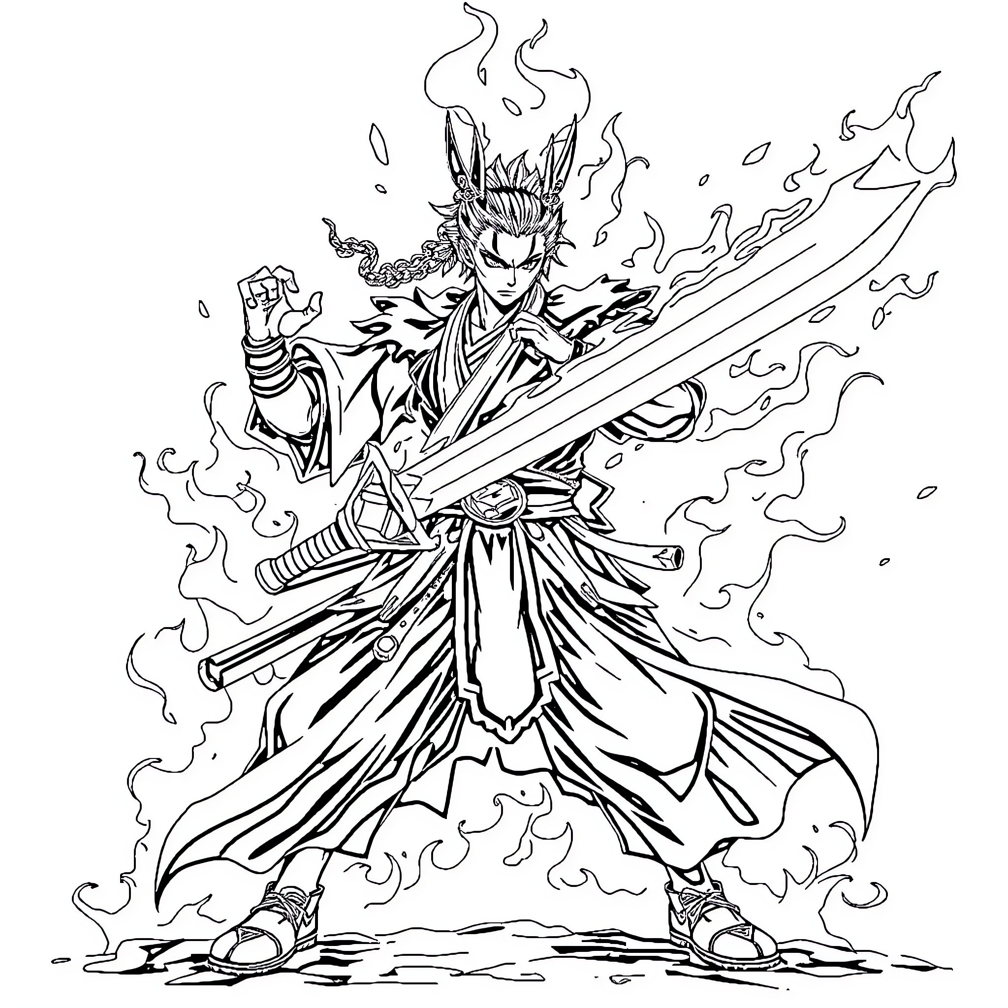 Tanjiro Kamado's Fierce Demeanor with Powerful Warrior Stance Coloring Page (free black-and-white line drawing printable PDF for all, from beginners to advanced learners, including children, teens, adults, and seniors)