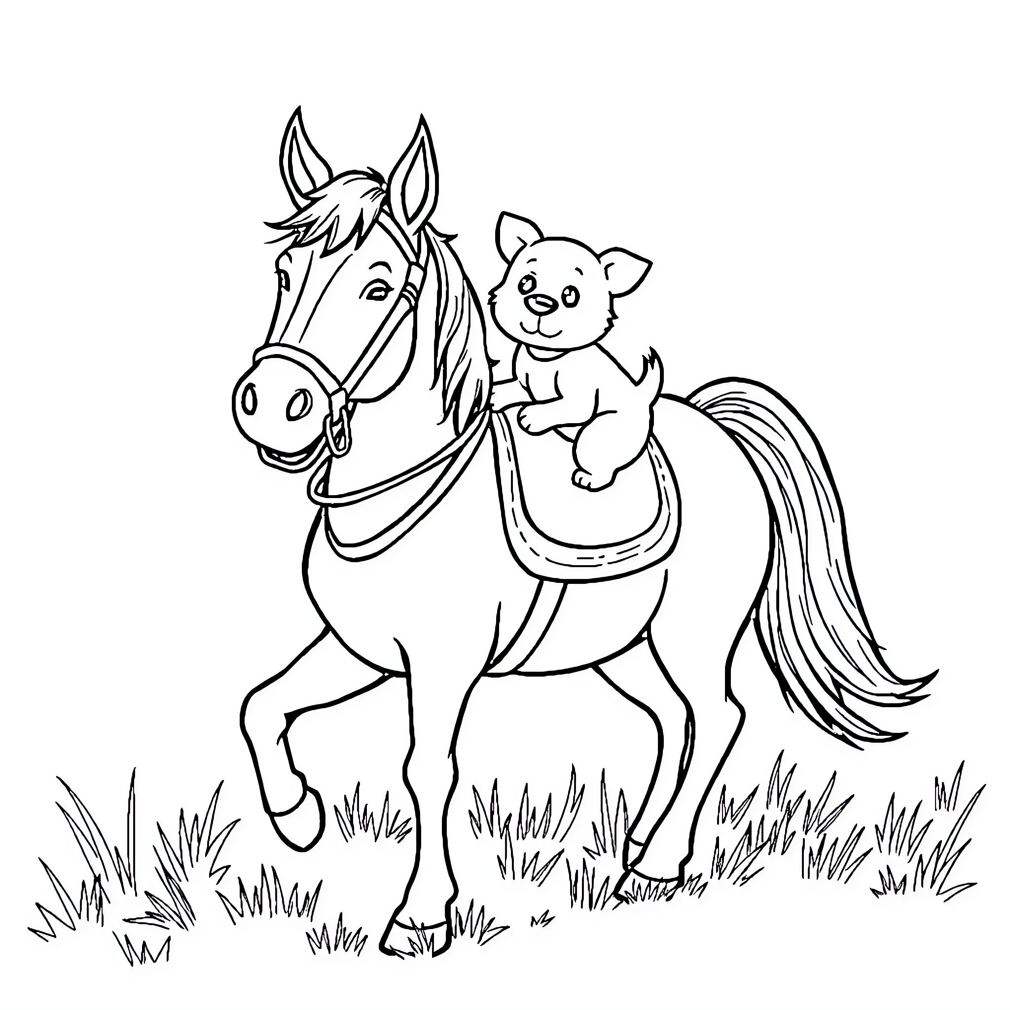 Dog riding on a friendly horse Coloring Page (free black-and-white line drawing printable PDF for all, from beginners to advanced learners, including children, teens, adults, and seniors)