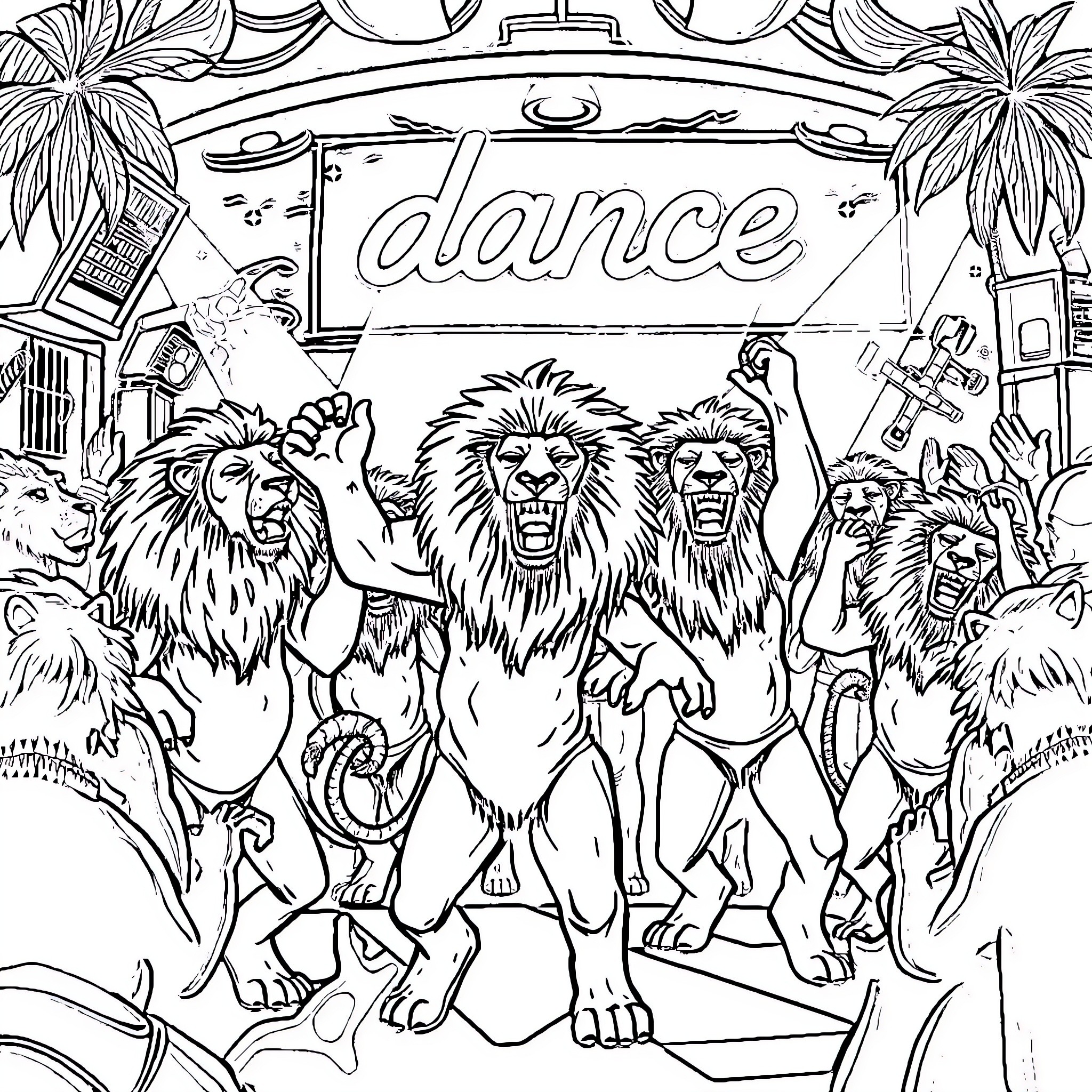 Lion Dancers Performing in Lively Scene Coloring Page (free black-and-white line drawing printable PDF for all, from beginners to advanced learners, including children, teens, adults, and seniors)
