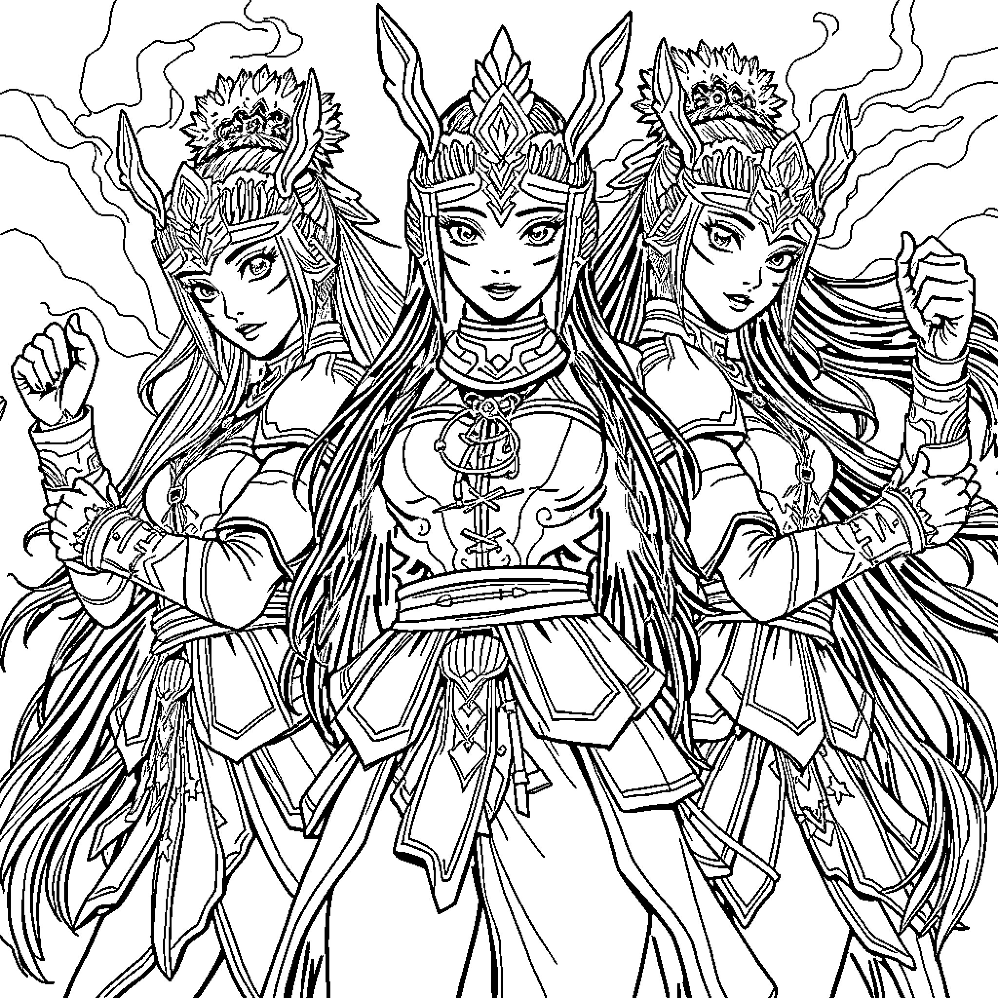 Warrior Princesses in Ornate Attire Coloring Page (free black-and-white line drawing printable PDF for all, from beginners to advanced learners, including children, teens, adults, and seniors)