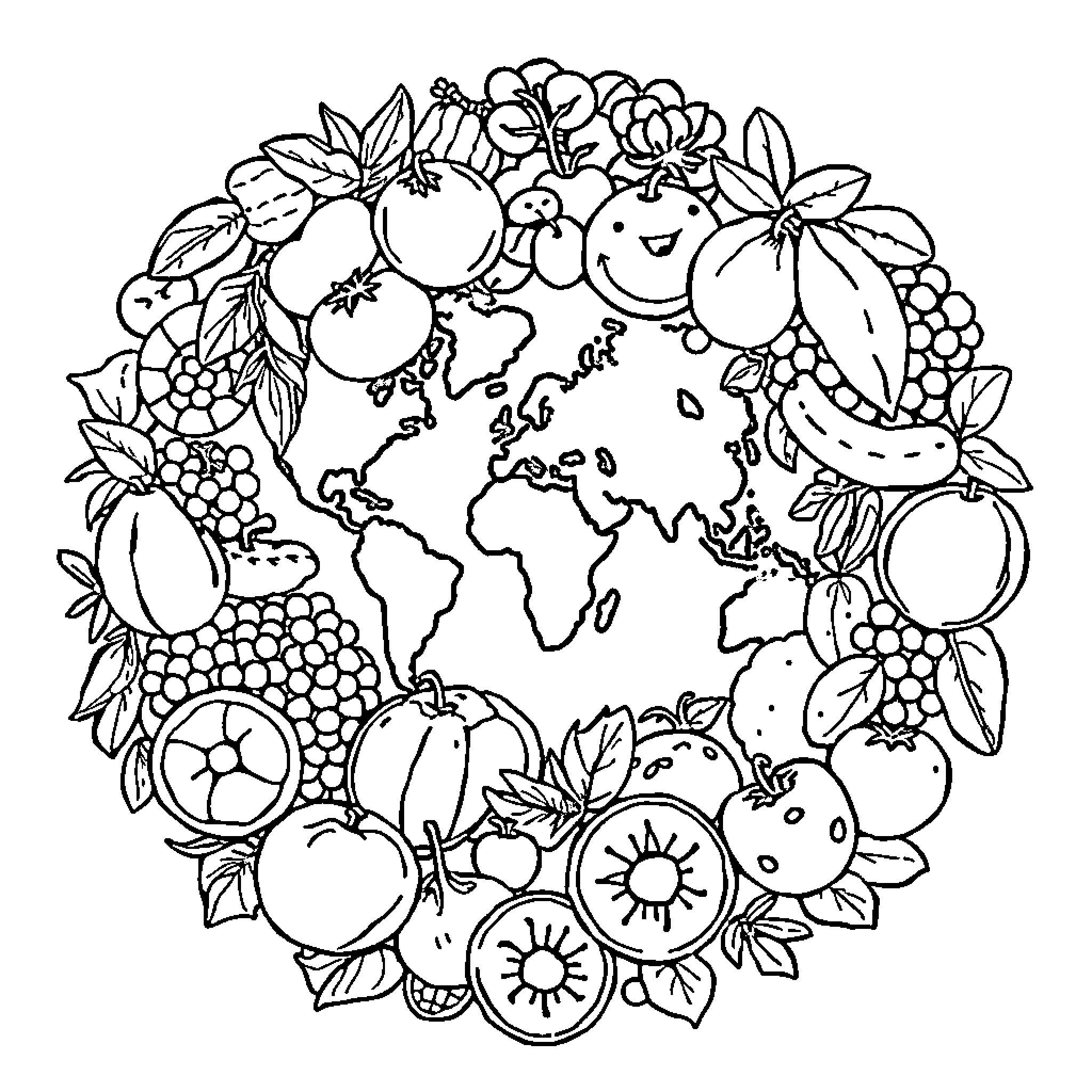 Fruit Around the World in a Wreath Coloring Page (free black-and-white line drawing printable PDF for all, from beginners to advanced learners, including children, teens, adults, and seniors)