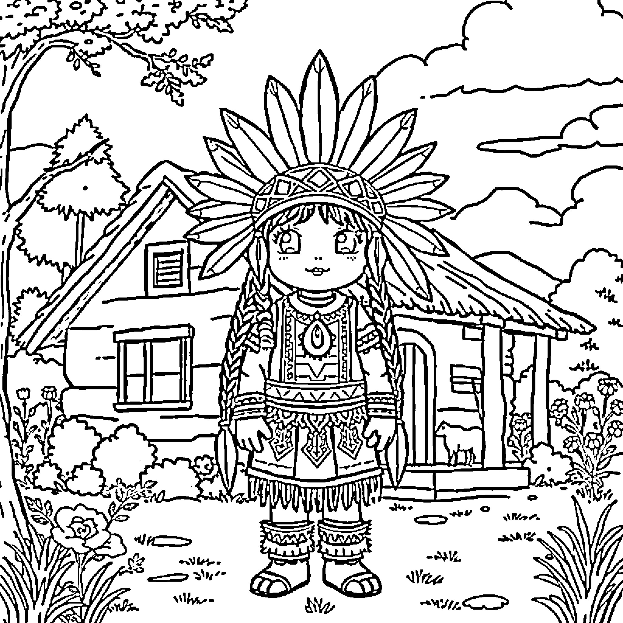 Native American Child in Traditional Regalia and Dwelling Coloring Page (free black-and-white line drawing printable PDF for all, from beginners to advanced learners, including children, teens, adults, and seniors)