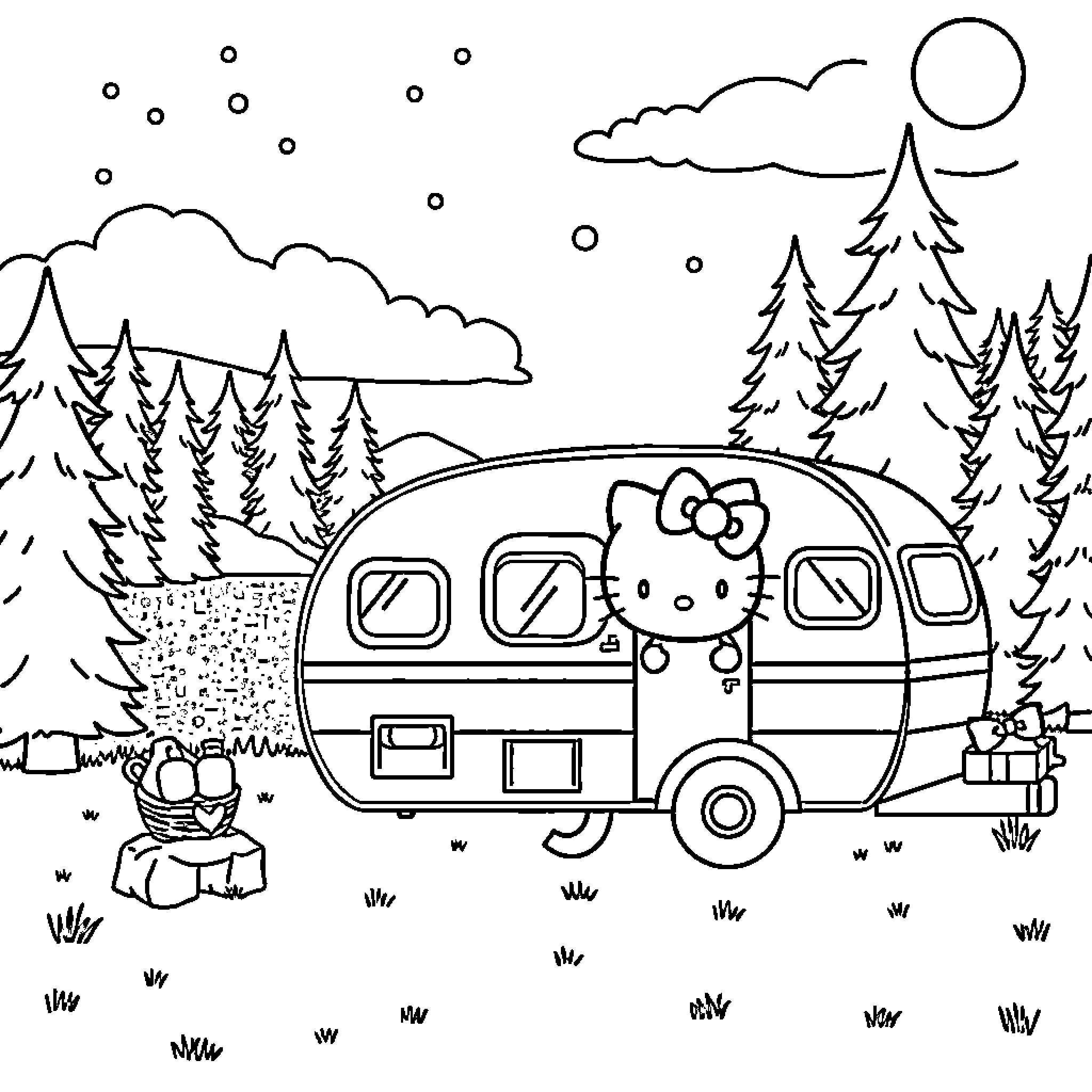 Hello Kitty camping in the forest Coloring Page (free black-and-white line drawing printable PDF for all, from beginners to advanced learners, including children, teens, adults, and seniors)