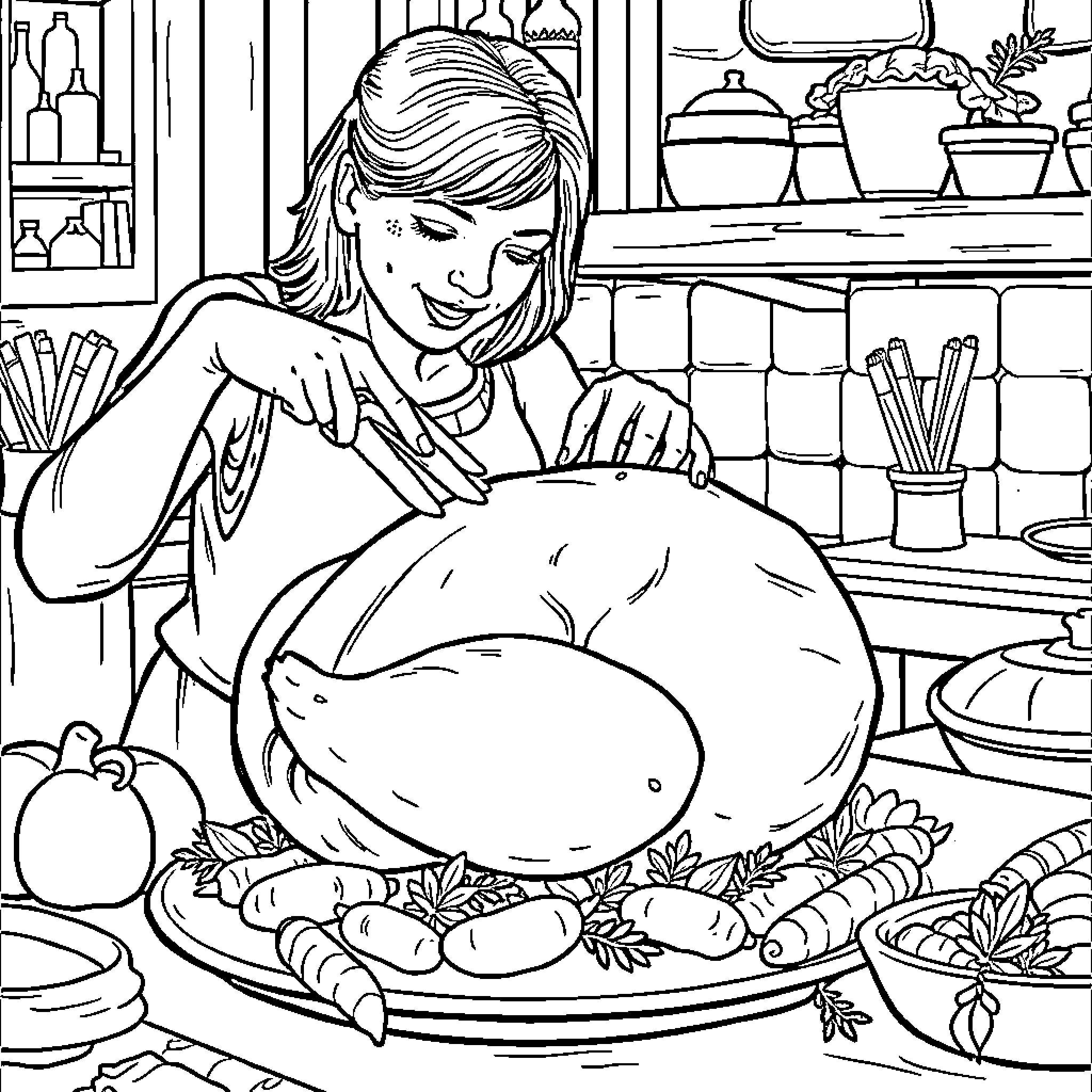 Turkey Preparing Thanksgiving Feast in Kitchen Coloring Page (free black-and-white line drawing printable PDF for all, from beginners to advanced learners, including children, teens, adults, and seniors)